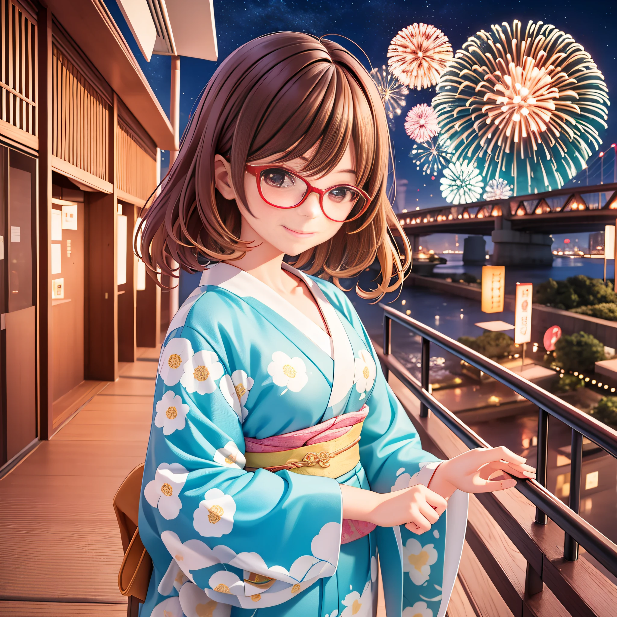 Night. The riverbed of the Sumida River is frequented by tourists. Fireworks display. Eight large fireworks look beautiful and detailed in the sky. Emily, waving her five-fingered right hand from afar and smiling widely, is a 13-year-old French girl. Height 150 cm. Wavy short-cut hair mixed with brown and blonde, straight bangs, beauty with glasses, small breasts, fond of camisoles. I like brown frame glasses. Today, I wore a cotton yukata with a light blue pattern on a white Japan.