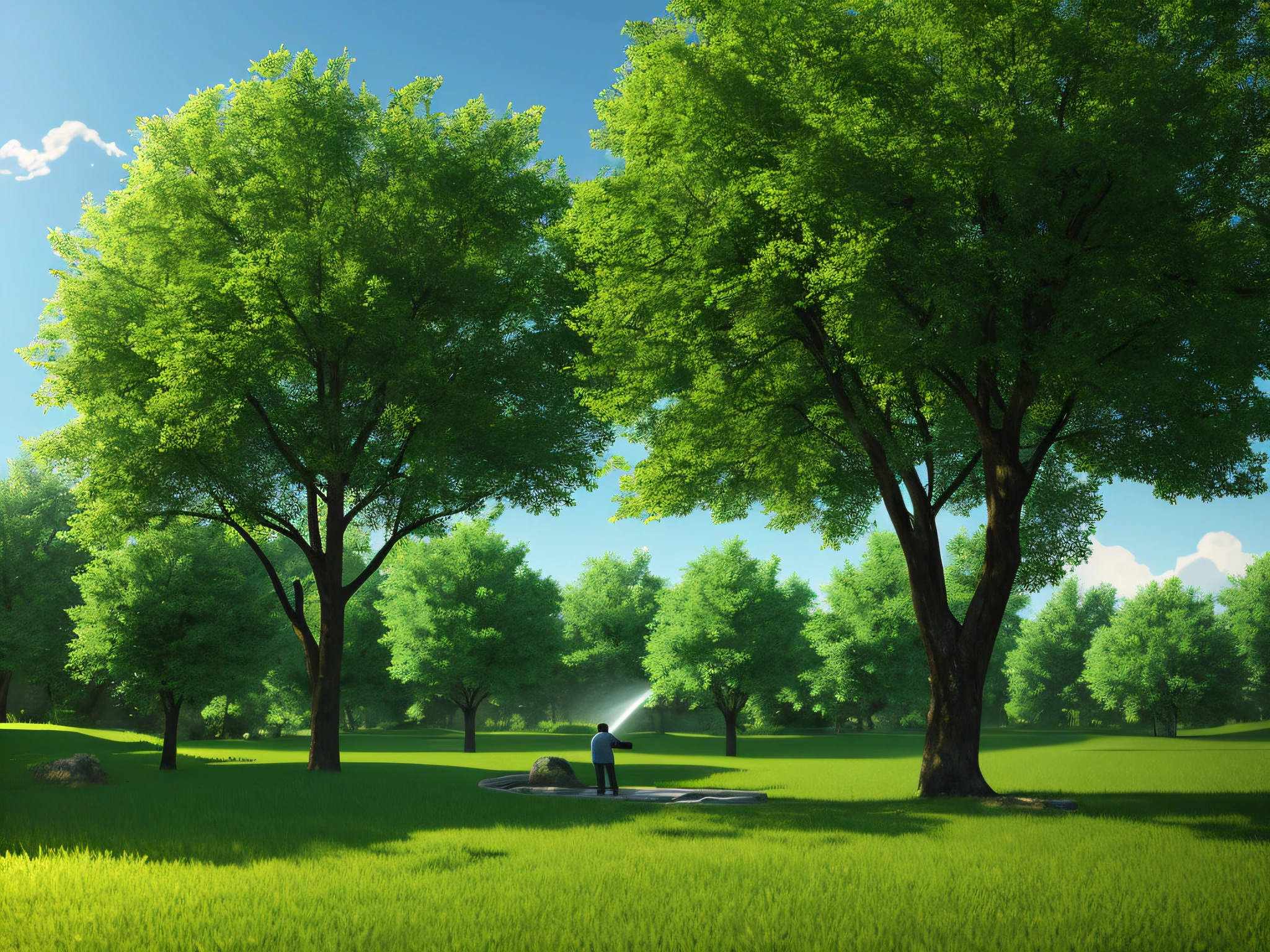 A serene place, very nice, beautiful, quiet and in the countryside. A man tending and watering a large apple tree on the edge of a photorealistic stream, 8k uhd, studio quality, ultra realistic, maximum detail, large scale, post-processing, photorealistic, photorealistic, photoshop, photography, detailed, cinematic lighting, landscape, panorama, scenery, ray tracing, cinema4d