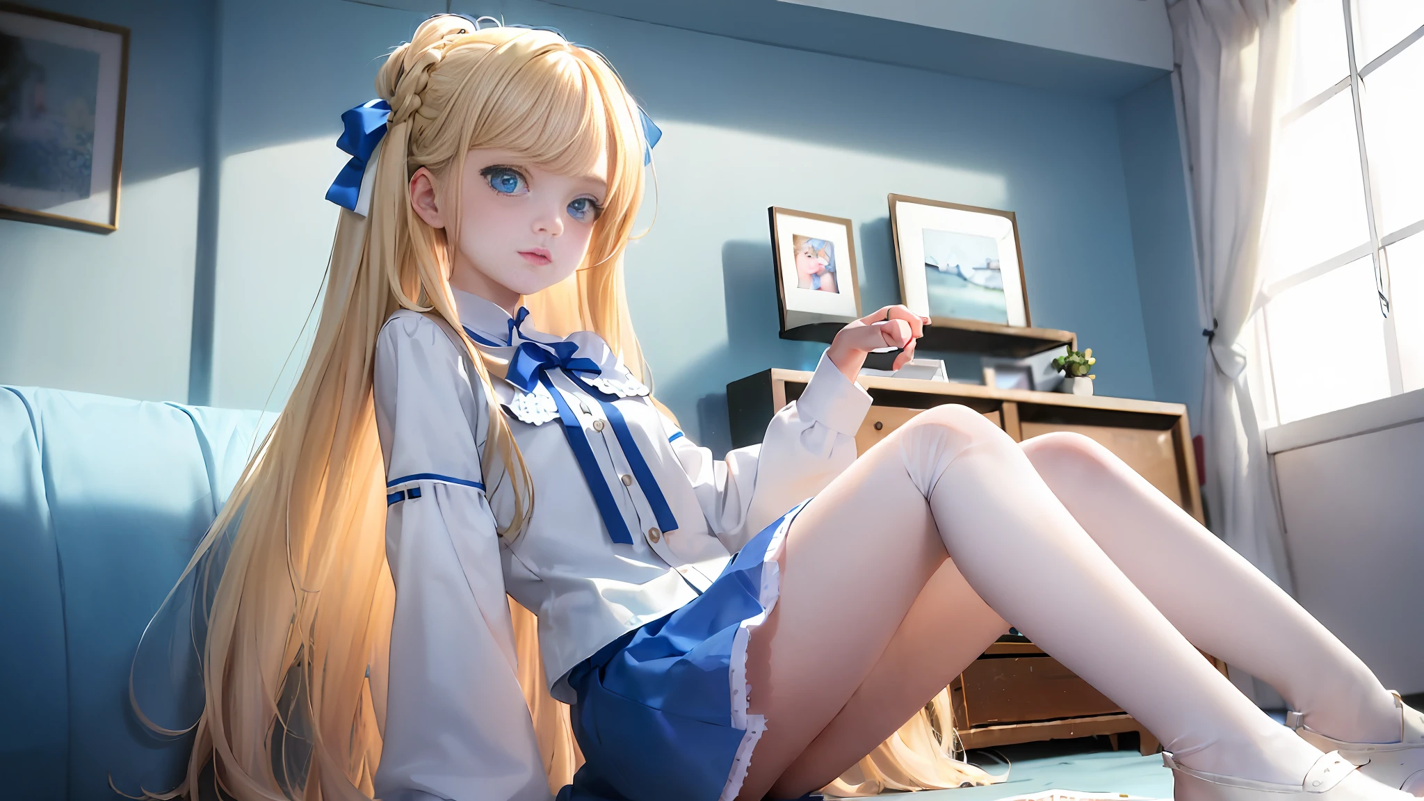 1girl, (masterpiece:1.1), (best quality:1.1), (white blouse:1.1), extreme detail, cute face, full body, 2girls, blonde hair, long hair, blue eyes, star eyes, white t-shirt, sky blue miniskirt, bare legs, white knee-length socks, blue sandals, beckoning, interior, living room