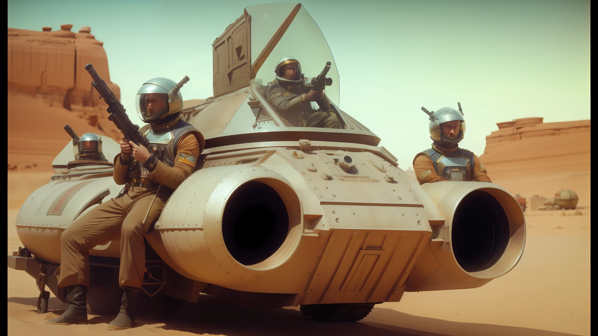 there are three men in space suits riding on a vehicle, film still from movie dune-2021, cinemascope panorama, larry macdougall, tank has a large solid cannon, neo - gypsy caravan, crt, futuristic taxi, early cgi, set photograph in costume, by Jane Freeman