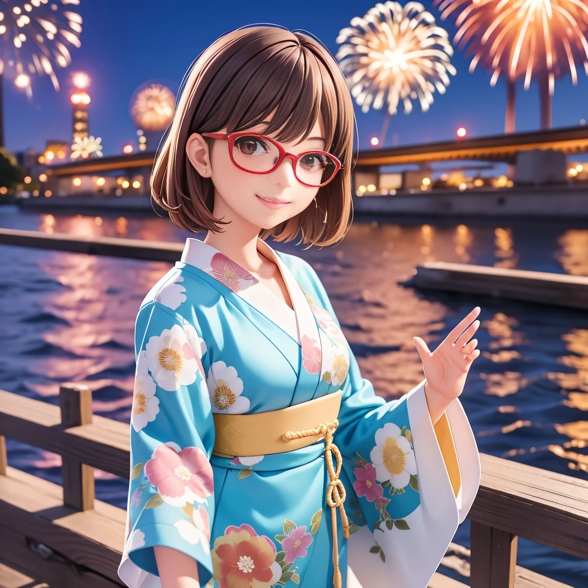 Night. The riverbed of the Sumida River is frequented by tourists. Fireworks display. Eight large fireworks look beautiful and detailed in the sky. Emily, waving her five-fingered right hand from afar and smiling widely, is a 13-year-old French girl. Height 150 cm. Wavy short-cut hair mixed with brown and blonde, straight bangs, beauty with glasses, small breasts, fond of camisoles. I like brown frame glasses. Today, I wore a cotton yukata with a light blue pattern on a white Japan.