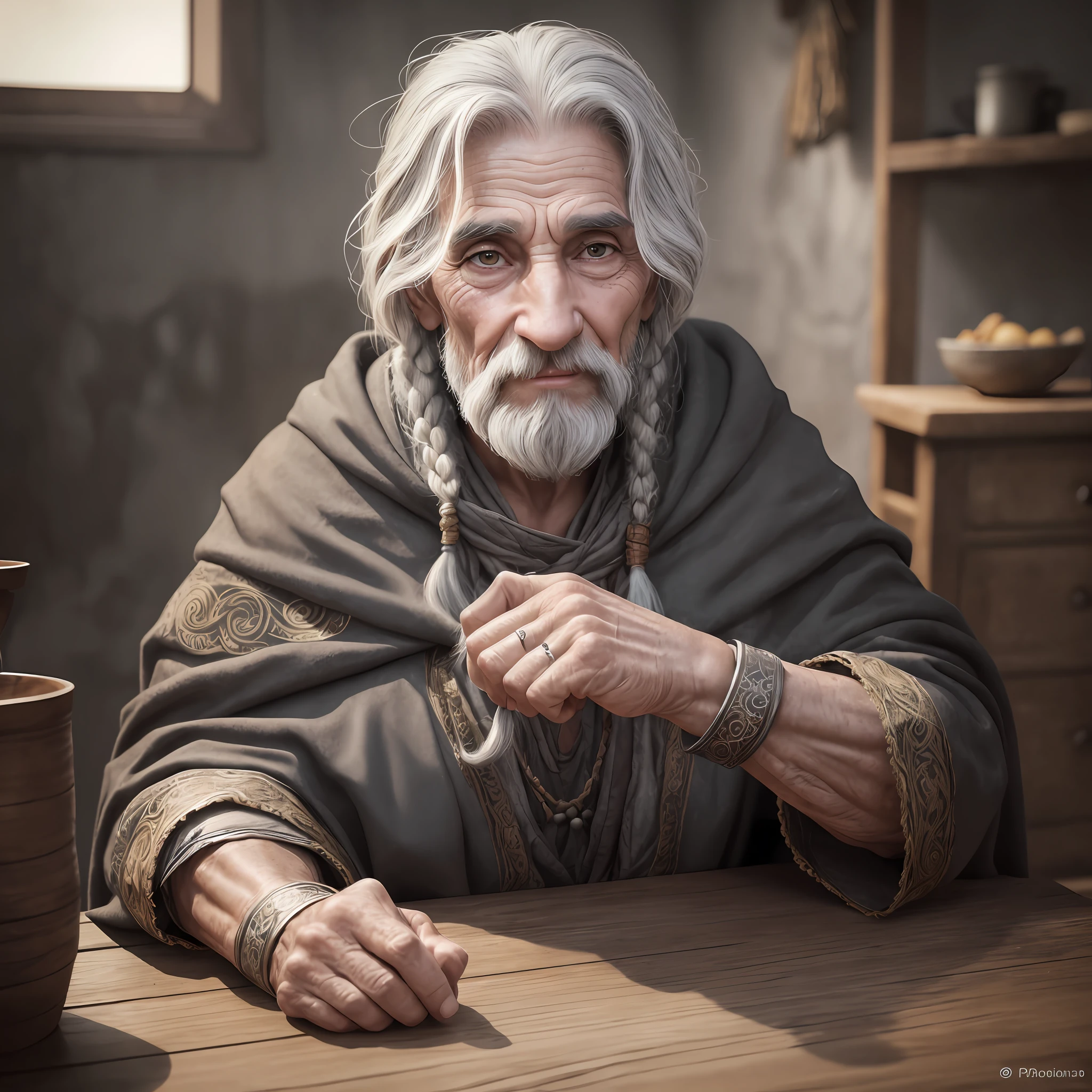 photorealistic, highest quality, RAW photo, solo middle-aged woman (medium shot) photos (hybrid of troll and women, Baba Yaga, witch 60 years old: 1.4), powerful physique sitting in front of a table with (mocking smile: 1.4), (putting one hand on cheek: 1.4), dressed in an old cloak, large aquiline nose, bushy eyebrows, gray eyes, grayish skin, wrinkles around the eyes, powerful aquiline nose, Beards, powerful chin, creepy, disturbing, photorealistic skin texture | Stains | wrinkles, detailed clothing, clothing texture, raincoat, | wrinkles, abundance of detail, intricate details, subsurface scattering, volumetric shadows, sharp focus, 8k, high detail, UHD, HDR (extremely high facial expression: 1.3), 5 fingers, precise hand anatomy --auto --s2
