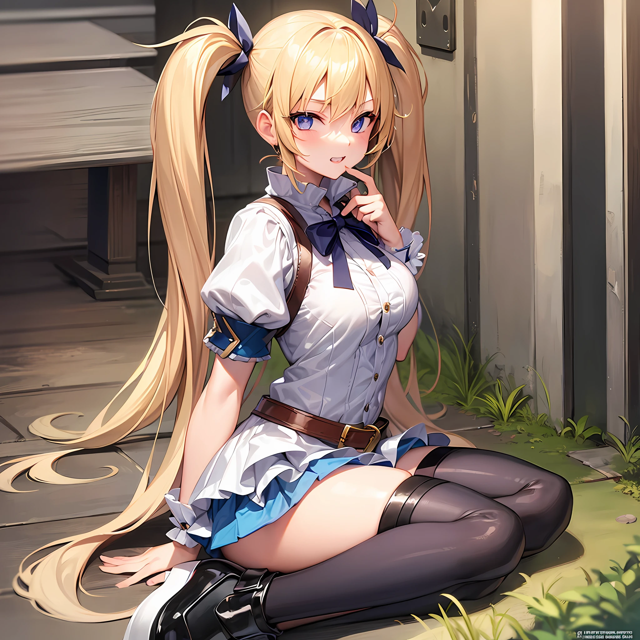 Beautiful girl, sword, blonde long, twin tails, genki, erotic costume, knee socks, cute shoes, double teeth, cute girl, about 18 years old