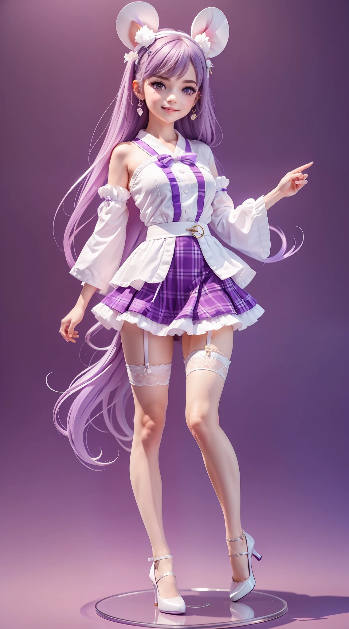 1girl, (anatomically correct), full body, (white shirt:1.1), (plaid skirt: 1.1), school sportswear, lace kimono, (purple stockings), (purple high heels), broken [purple: pink: 0.5] theme, (gradient background: 1.1), long hair, (rat ear hair ring), purple eyes, smile, delicate headdress, clay texture, standing on round transparent glass, blind box toy style, sideways, panorama, (masterpiece: 1.1), (best quality: 1.1)