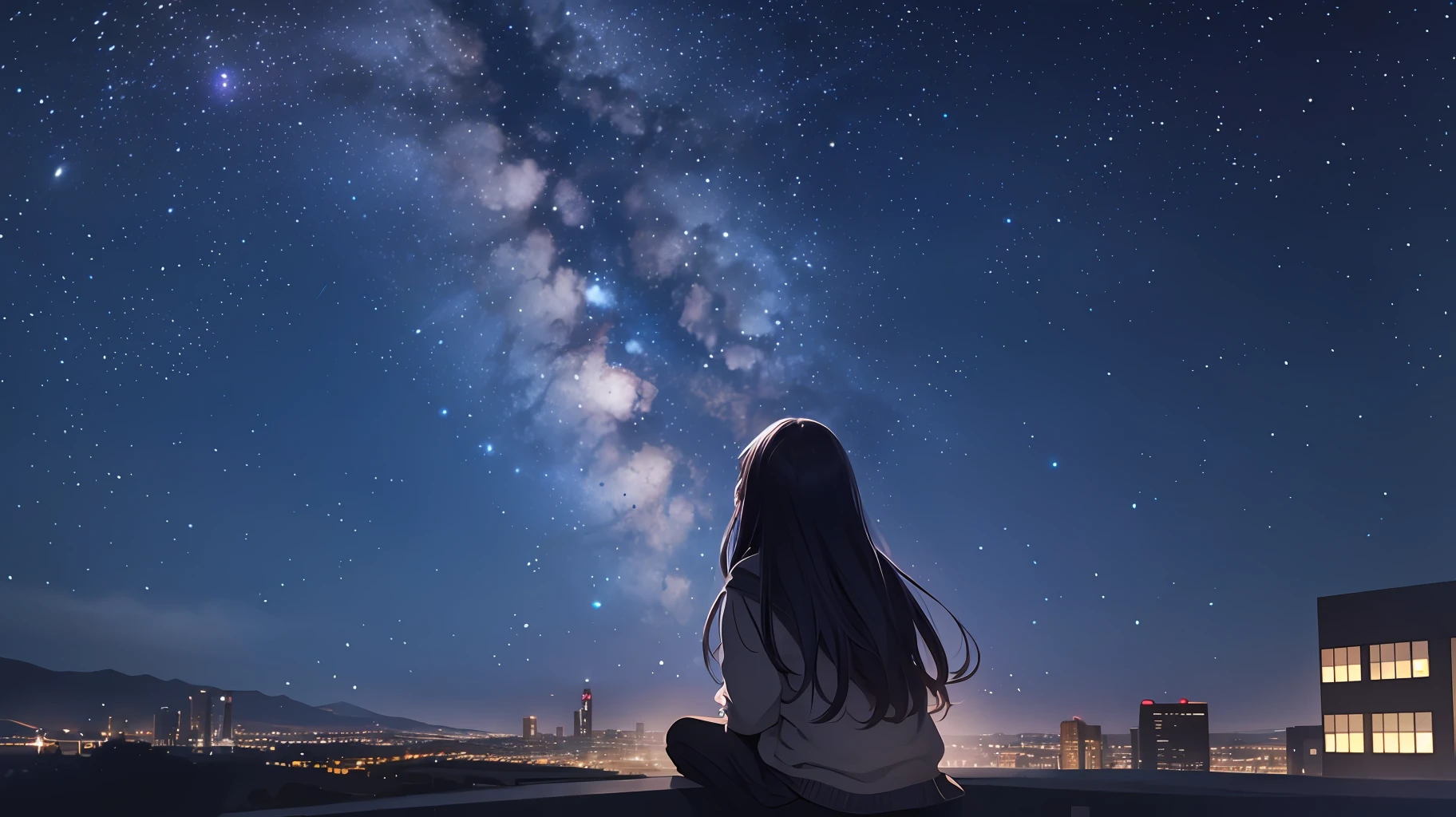 octans, sky, star (sky), scenery, starry sky, night, 1girl, night sky, solo, outdoors, building, cloud, milky way, sitting, tree, long hair, city, silhouette, cityscape --auto --s2
