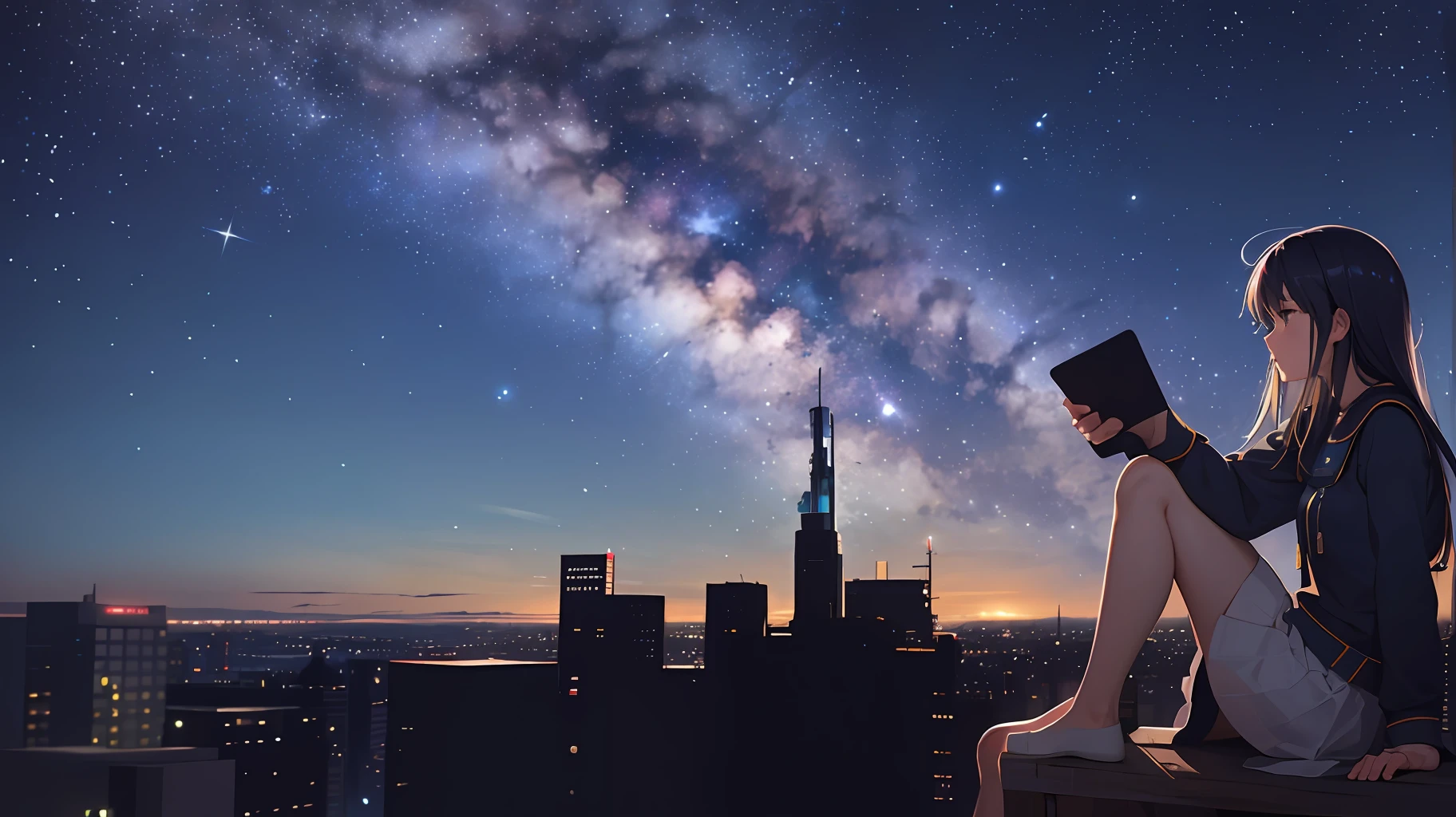 octans, sky, star (sky), scenery, starry sky, night, 1girl, night sky, solo, outdoors, building, cloud, milky way, sitting, tree, long hair, city, silhouette, cityscape --auto --s2