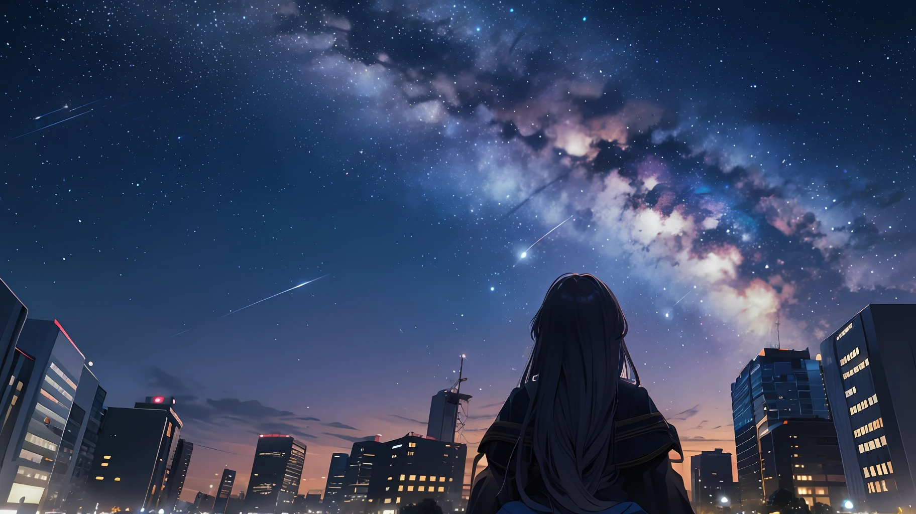octans, sky, star (sky), scenery, starry sky, night, 1girl, night sky, solo, outdoors, building, cloud, milky way, sitting, tree, long hair, city, silhouette, cityscape --auto --s2