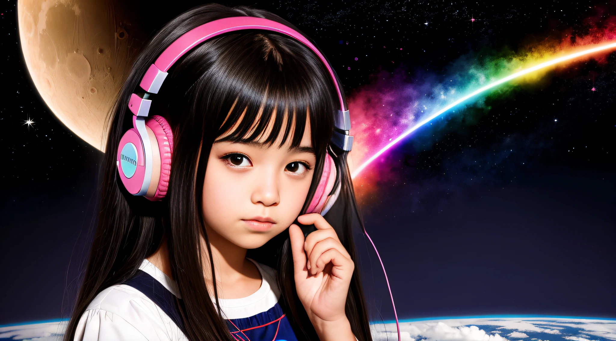 girl CHILD , DARK straight hair very long, PORTRAIT STYLE, with headphones holding a Pink Floyd album, The Dark Side of the Moon, Dark Side, Anime Moe Artstyle, Prism, 2 D CG, Guweiz Style Art, 3840x2160, 3840 x 2160, 4K Anime Style, Wallpaper!, High Quality FanArt