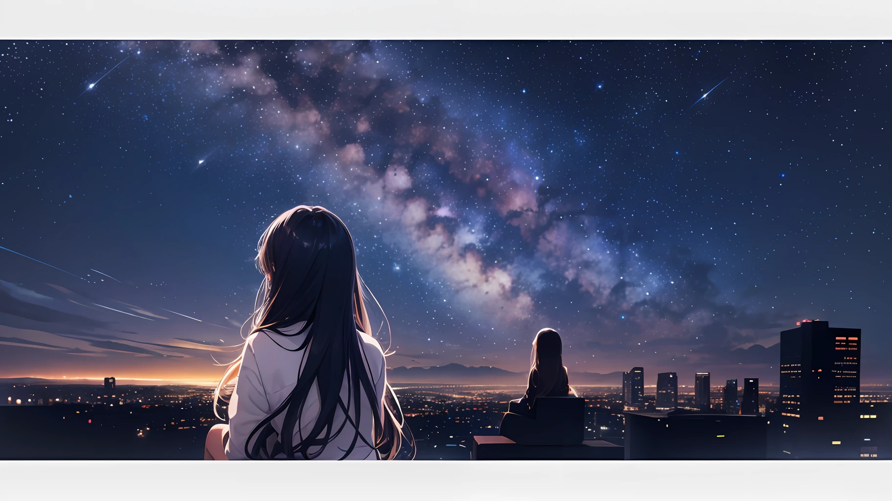 octans, sky, star (sky), scenery, starry sky, night, 1girl, night sky, solo, outdoors, building, cloud, milky way, sitting, tree, long hair, city, silhouette, cityscape --auto --s2