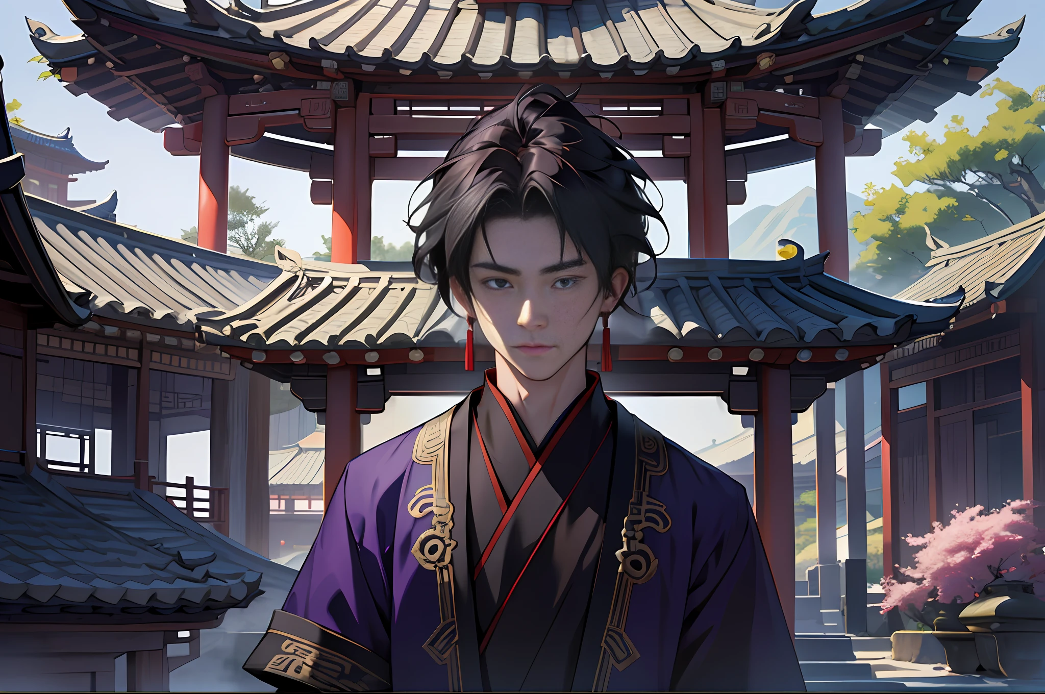 Best quality, masterpiece, high resolution, 1boy, 20 years old, ancient Chinese, gazebo, boy, purple clothes, 4k, 8k. Chinese ancient style. (High Detail skin: 1.2), 8K UHD, DSLR, 4K, 8K.
