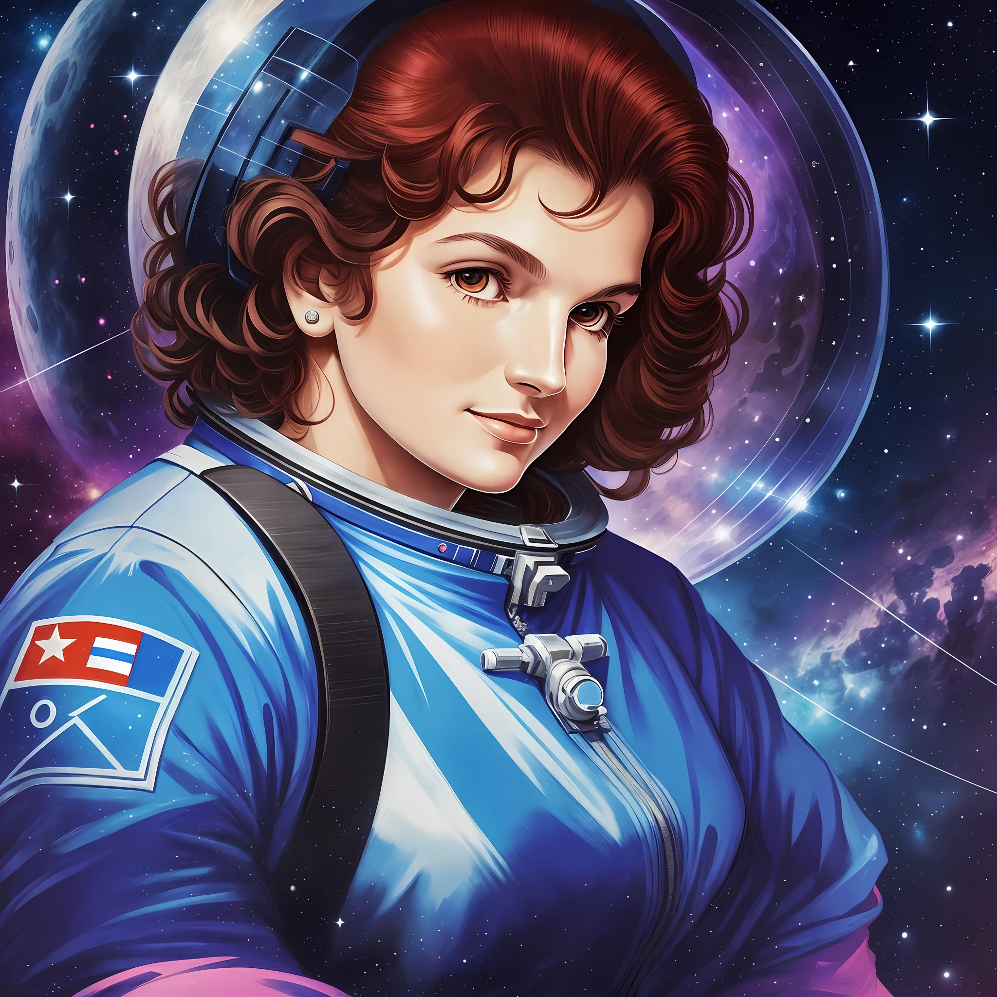 AI Portraits of Stellar Achievers: Celebrating Women's Contributions to Space Exploration

1963: Valentina Tereshkova - Soviet cosmonaut. She was the first woman to travel in space on a solo mission aboard the spacecraft Vostok 6a. full body, wide view