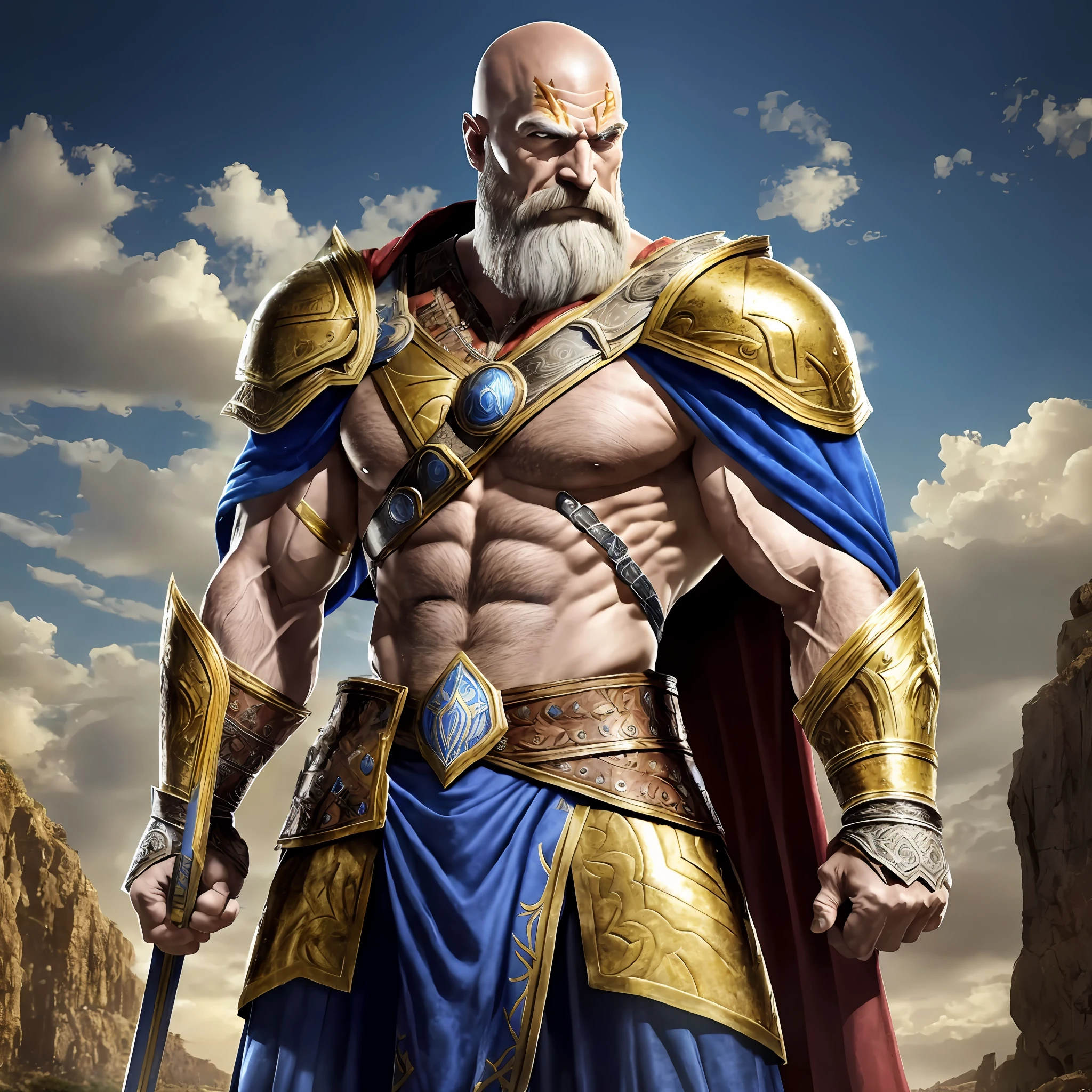 Tall, muscular, Old, Kratos, powerful, wearing a gold armor and a blue cape, standing on the battlefield, Realistic, Full HD, best quality