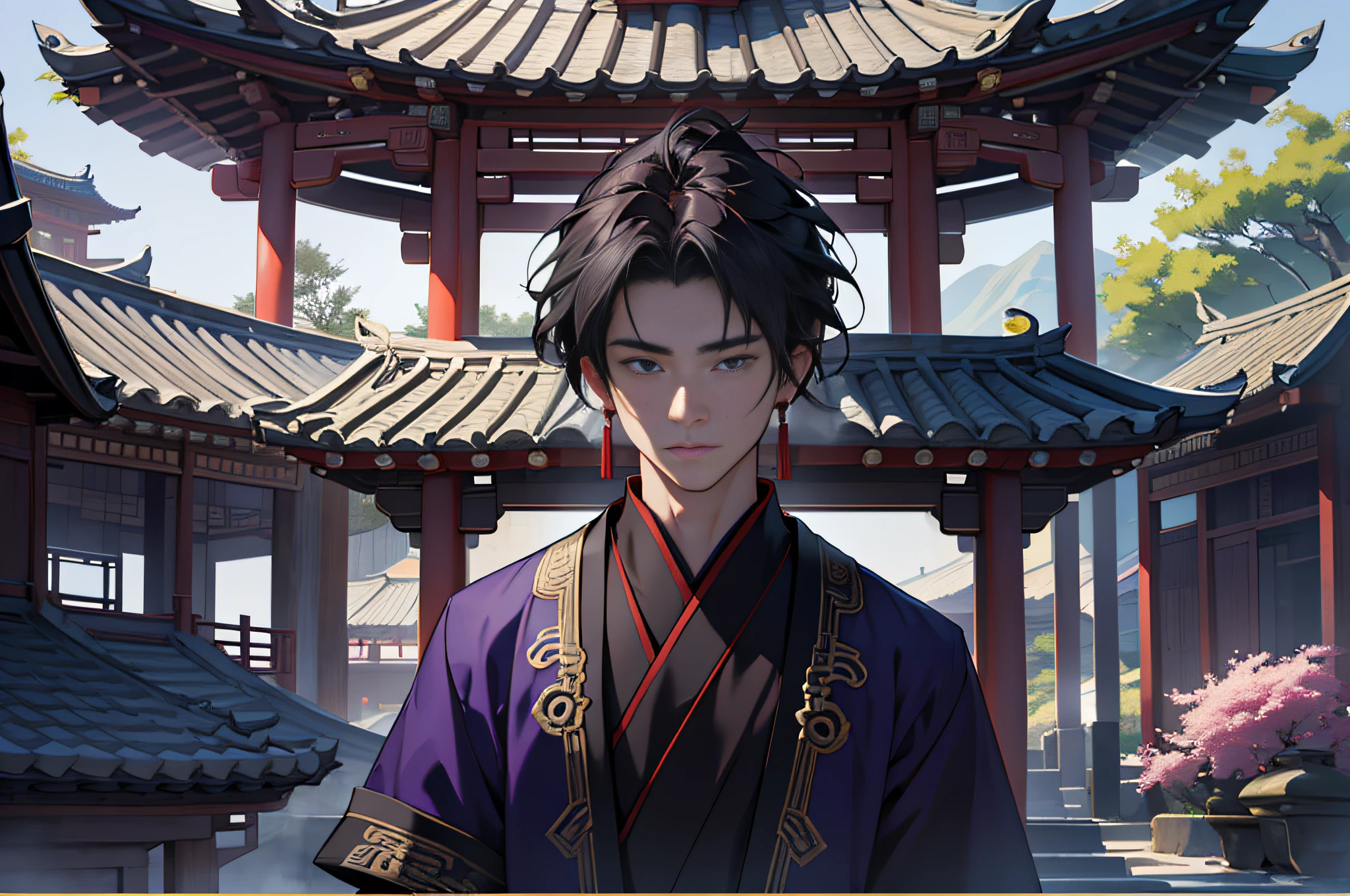 Best quality, masterpiece, high resolution, 1boy, 20 years old, ancient Chinese, gazebo, boy, purple clothes, 4k, 8k. Chinese ancient style. (High Detail skin: 1.2), 8K UHD, DSLR, 4K, 8K.