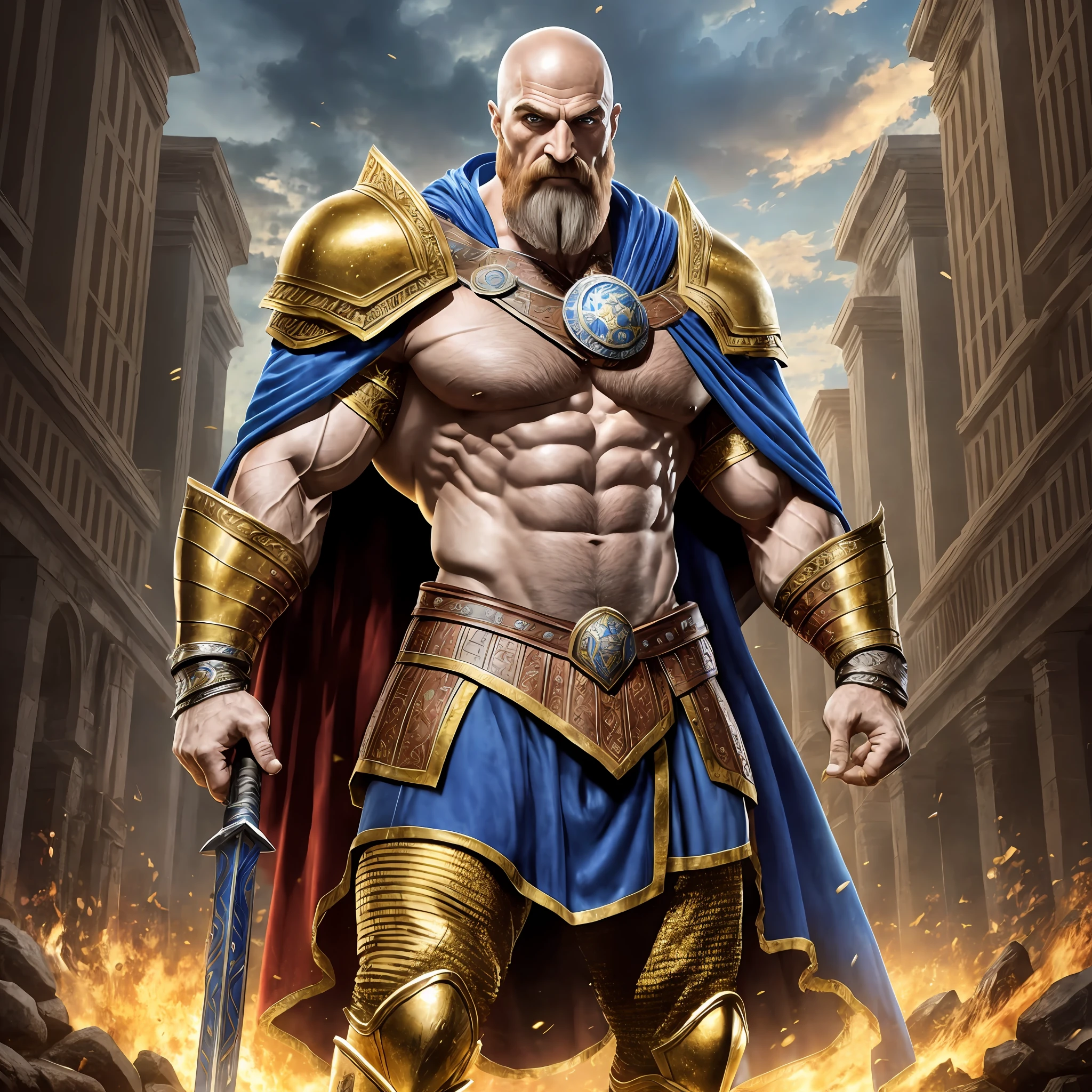 Tall, muscular, Old, Kratos, powerful, wearing a gold armor and a blue cape, standing on the battlefield, Realistic, Full HD, best quality