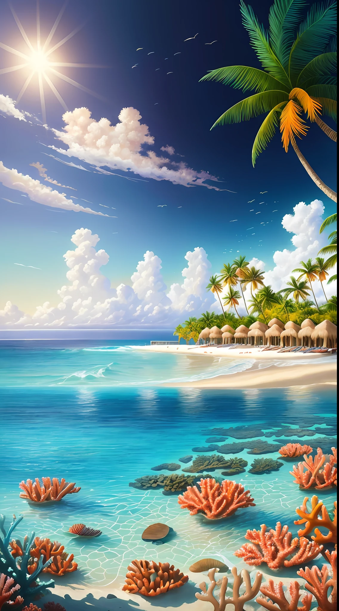 ocean, coral reef, palm trees, amazing wallpaper, magnificent background, surrealism 8k, beautiful art UHD 4k, wallpaper 4k, wallpaper 4k, 4k hd illustration wallpaper, beautiful wallpaper, 4k wallpaper, 4k wallpaper, epic surrealism 8k oil painting, highly detailed surreal visual effects