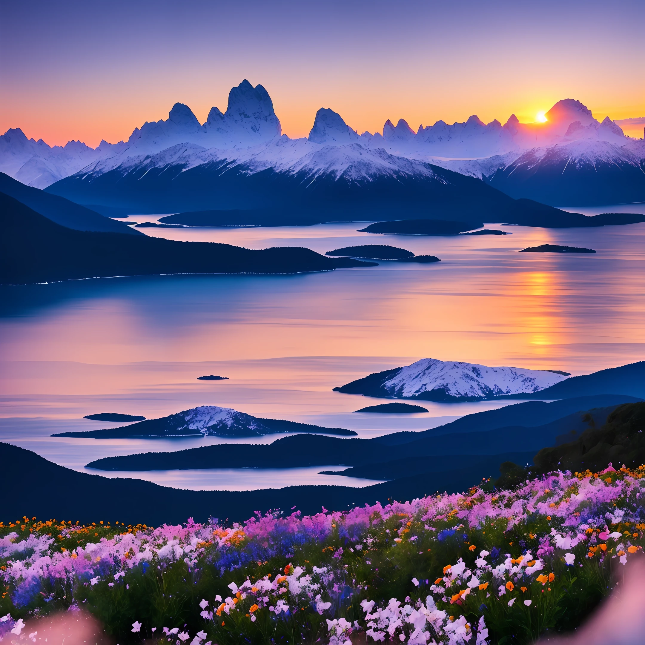 Snowy mountains, sea of flowers, sunset, sunset