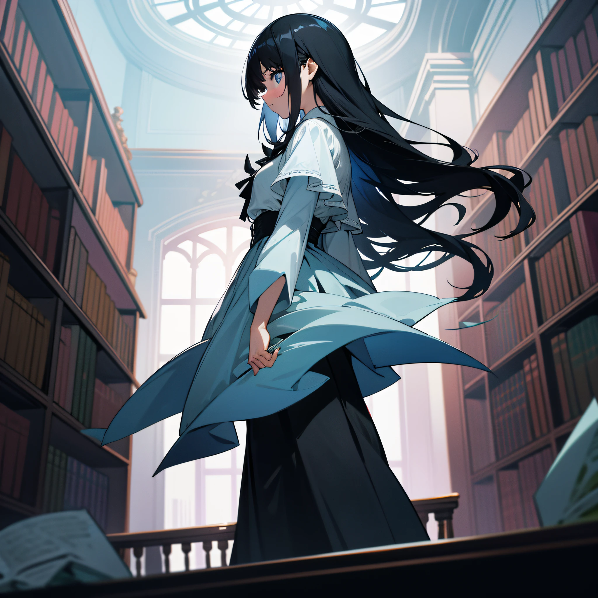 absurdres, highres, (official art, beautiful and aesthetic:1.2), very wide view, from below, BREAK
1 girl, solo, profile, looking up, cute face, white blouse, black long skirt, black hair, BREAK
insanely big library, (insanely high ceiling:1.4), (insanely tall bookshelves:1.4),