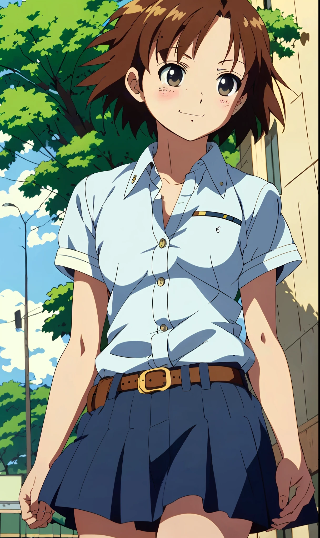 4k, (masterpiece), highest quality, (2d), ((nsfw)), (teen anime gir), (unbuttoned school shirt), nude, classroom, breasts_out, ((small_breasts)), ((showing_breasts)), ((showing tits)), small, long brown hair, happy face, clear eyes, (intricate detailed), dramatic, (style by makoto shinkai)