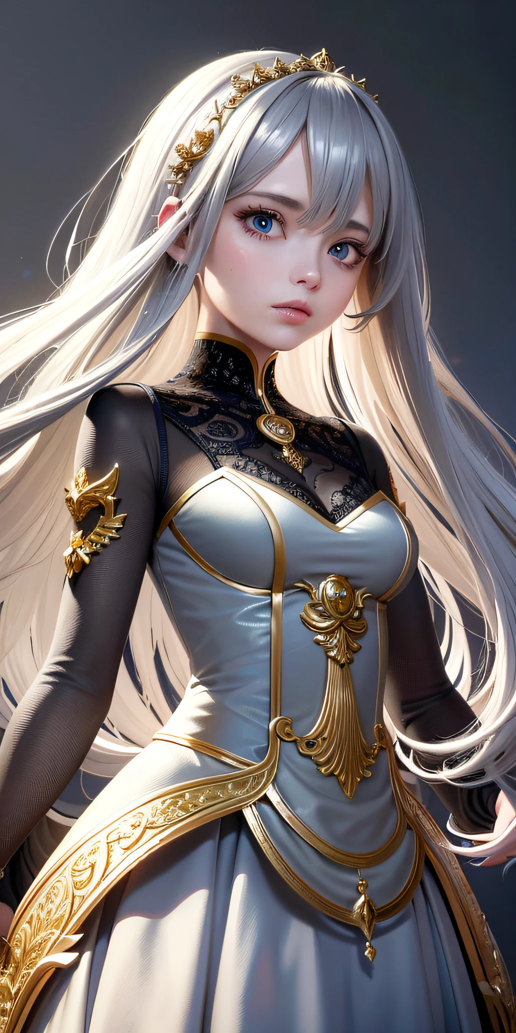 One girl, amazing dress, light curly hair, long hair, photorealistic, top quality, masterpiece, gray hair, gold eye, look up, upper body, hair, fair skin