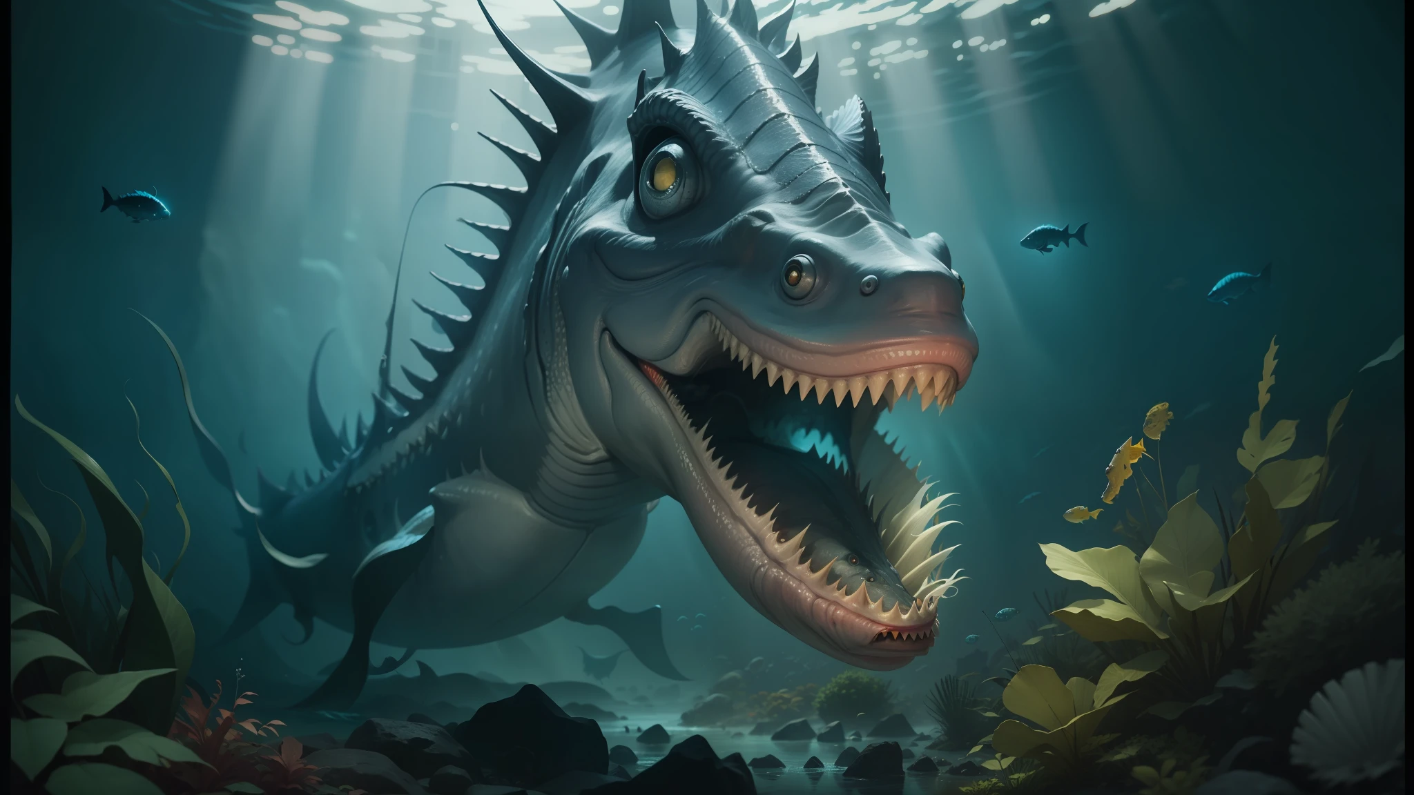 there is a fish with a very big mouth and sharp teeth, illustration of an angler fish, angler fish, deep sea fish, award winning creature portrait, deep sea picture, scary fish, amazing space creature 4 k, ultrarealistic digital art, hyper realistic fantasy monster, angler fish sculpture, deep sea monster, deep sea creature, realistic beautiful big eyes, realistic creature concept