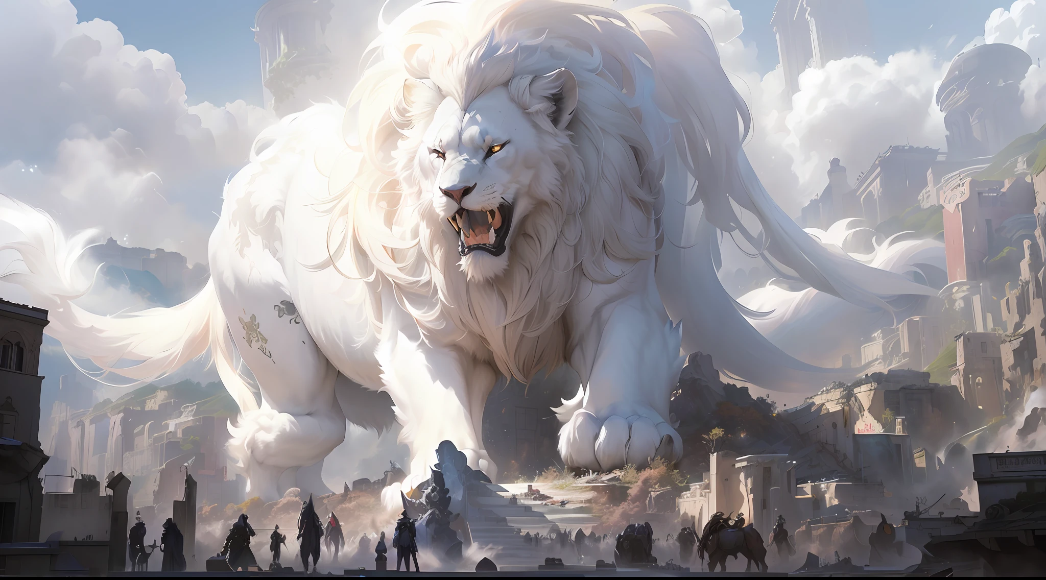 there is a large white lion that is in the middle of a city ,3 legs in 3 different positions, 1 tail pointing to the left of artwork, anime epic artwork, by Yang J, cgsociety and fenghua zhong, trending on artstation pixiv, dramatic concept art, an epic majestical degen trader, ross tran and wlop, ross tran 8 k, by Cynthia Sheppard --auto --s2