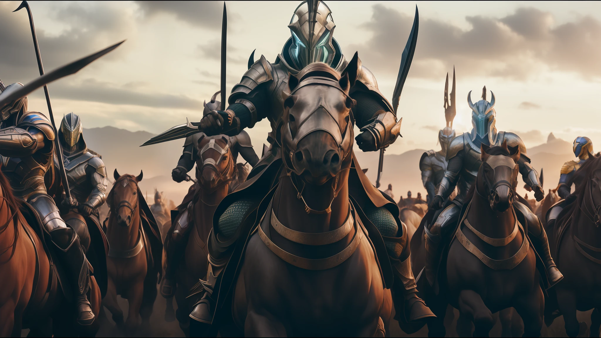 arafed image of a group of men riding horses in a field, from a 2 0 1 9 sci fi 8 k movie, greek god in mecha style, rhino rendered, movie still of a villain cyborg, protoss, chrome skeksis, film still of gal gadot, reptoids, rhino, colorgrading, by Jerry Eisenberg, pitt