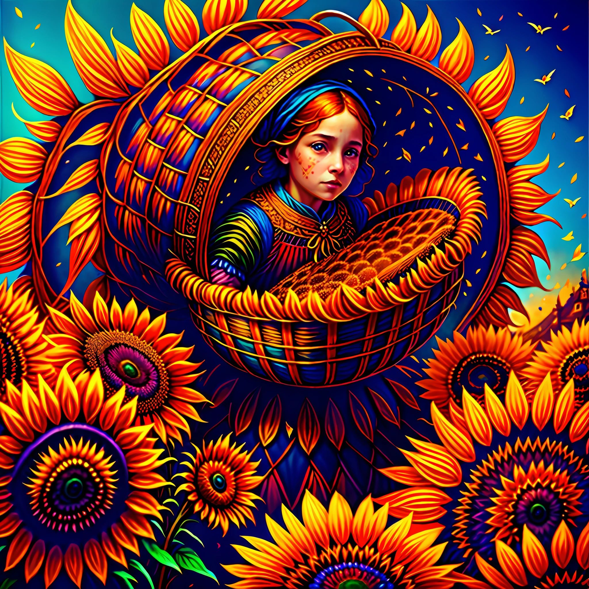 wide angle graffiti of a peasant woman holding a basket from which (thousands of sunflowers) flying and falling from the sky, (swirl of sunflowers) emerging from a peasant woman's basket, grotesque, ful body shot, cinematic lighting, high resolution, insane details, intricate details, hyperdetailed intricately detailed ultra realistic art trending on Artstation triadic colors Unreal Engine 5 detailed matte painting, deep color, fantastical, intricate detail, splash screen, complementary colors, fantasy concept art, 8k resolution, ultra realistic deviantart masterpiece, (dark shot:0.9), soft cinematic light, adobe lightroom, photolab, hdr, intricate, highly detailed, eonn2, mdjrny-grfft, dmmid style