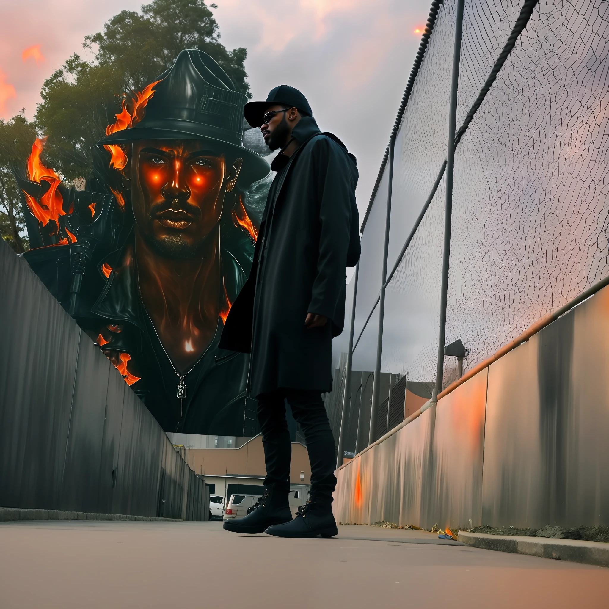 Ultra realista, street wear , dark wear, fire.