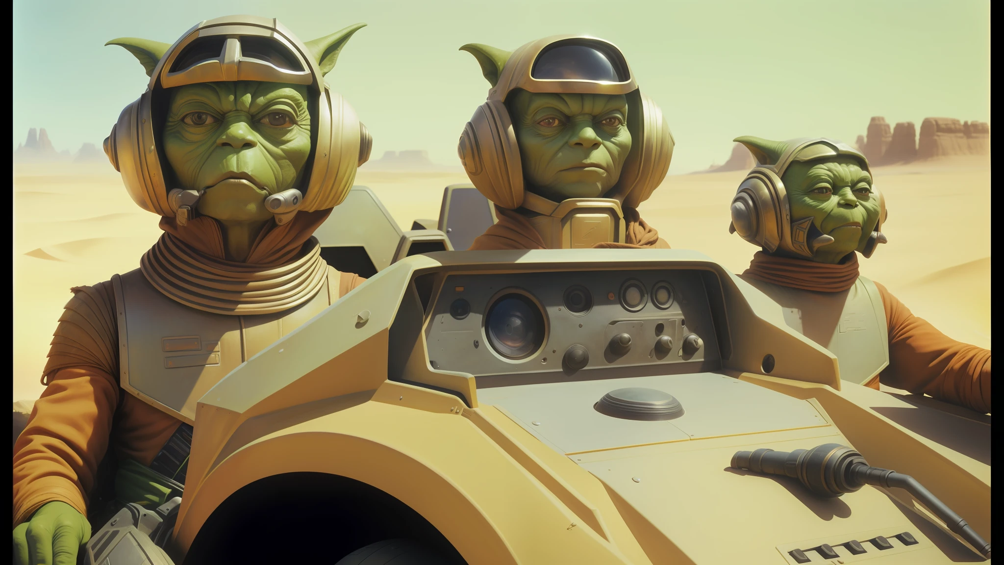 there are three people in alien costumes riding in a vehicle, yoda fantasy art portrait, freman, dunes, wide angle 1981, medium portrait of a goblin, symmetric armor, sonic youth, masterful composition, ralph macquarrie, surrealisme aesthetic, by Werner Tübke, cgi