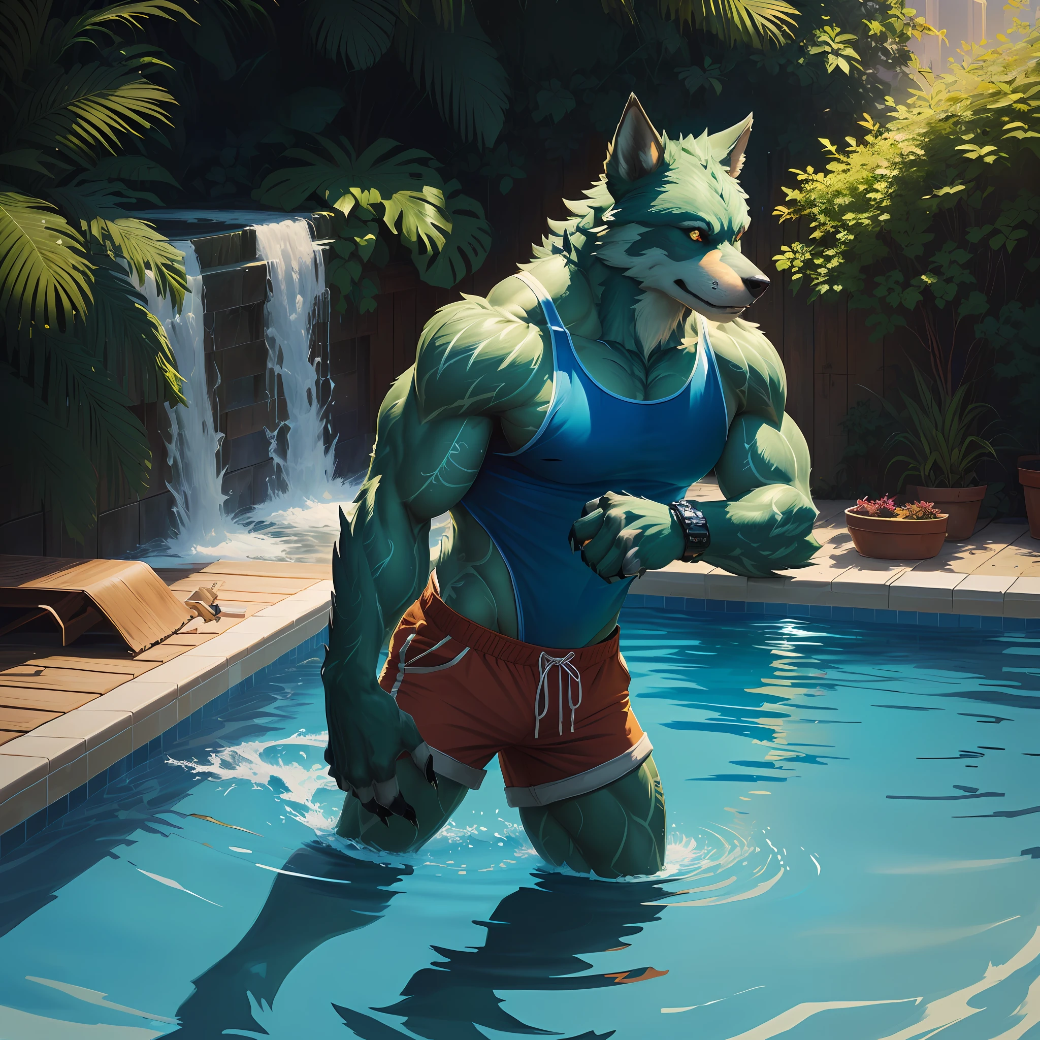 painting of a man in a tank top and shorts in a pool, muscular werewolf, furry fantasy art, commission for high res, anthro art, furry art!!!, fursona furry art commission, furry art, furry wolf, fursona art, very very beautiful furry art, anthropomorphic furry art, pov furry art, furry digital art, furry mawshot art