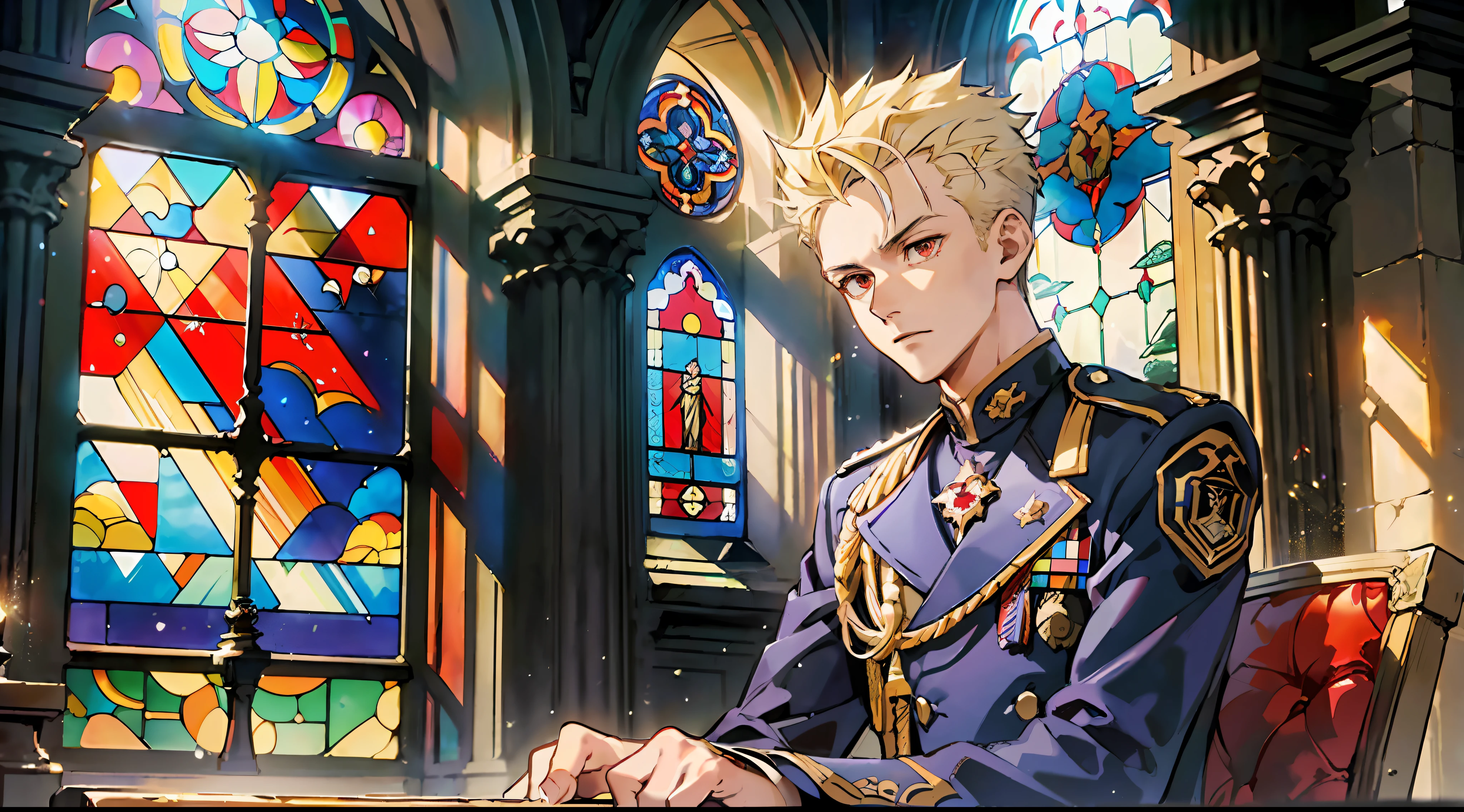 ((Masterpiece: 1.4, Best Quality)), (Short Blonde), (Spiked Hair), Red Eyes, Military Uniform, (Church: 1.2), (Stained Glass: 1.3), One Young Man, Handsome, Pillar, Sky Cover, (Light particles), (Moonlight shining through the window), Dark atmosphere, sit in a chair