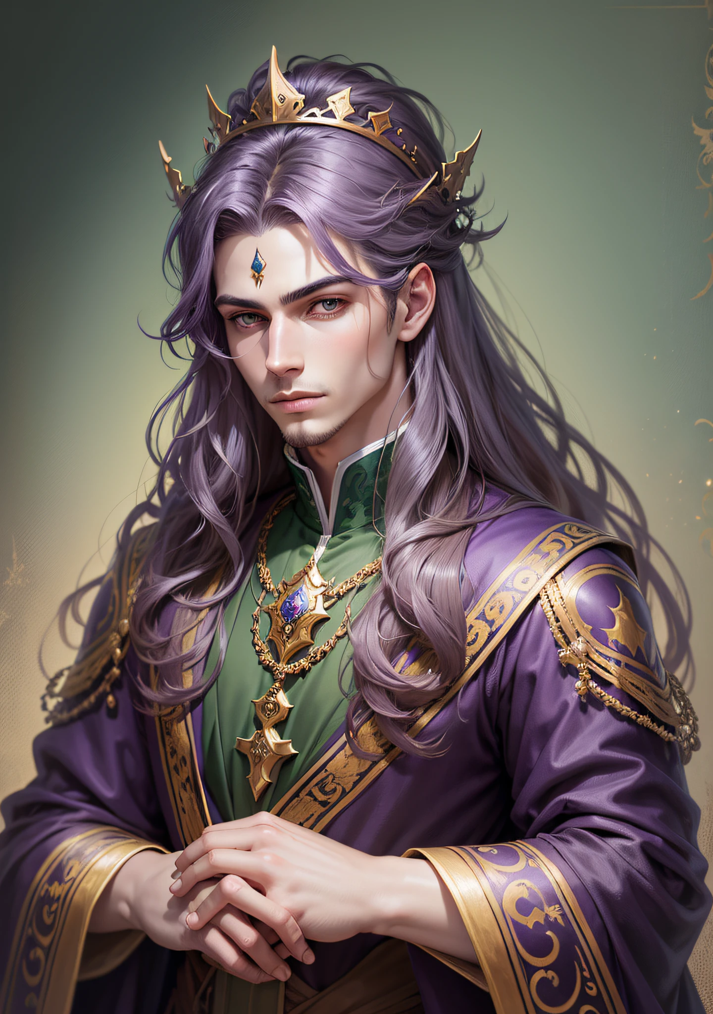"Masterpiece with Tom Bagshaw style art of a handsome prince, fantasy male portrait, wearing a silver crown, dark purple long hair, wearing forest green royal costumes. Brown and attractive skin as a male representation. (Prince:1.2+Fantasia:1.2+Decorated with brocades:1.1), background in a dark and soft environment, further highlighting the image of the prince." --auto --s2