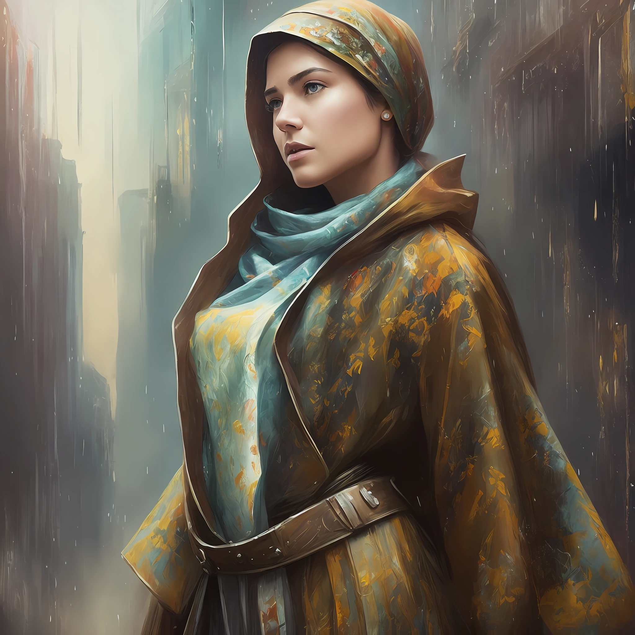 Realistic fantasy, in the foreground solo is a woman of powerful physique, in an old raincoat and a shabby scarf wrapped around her head, 4kk --auto --s2