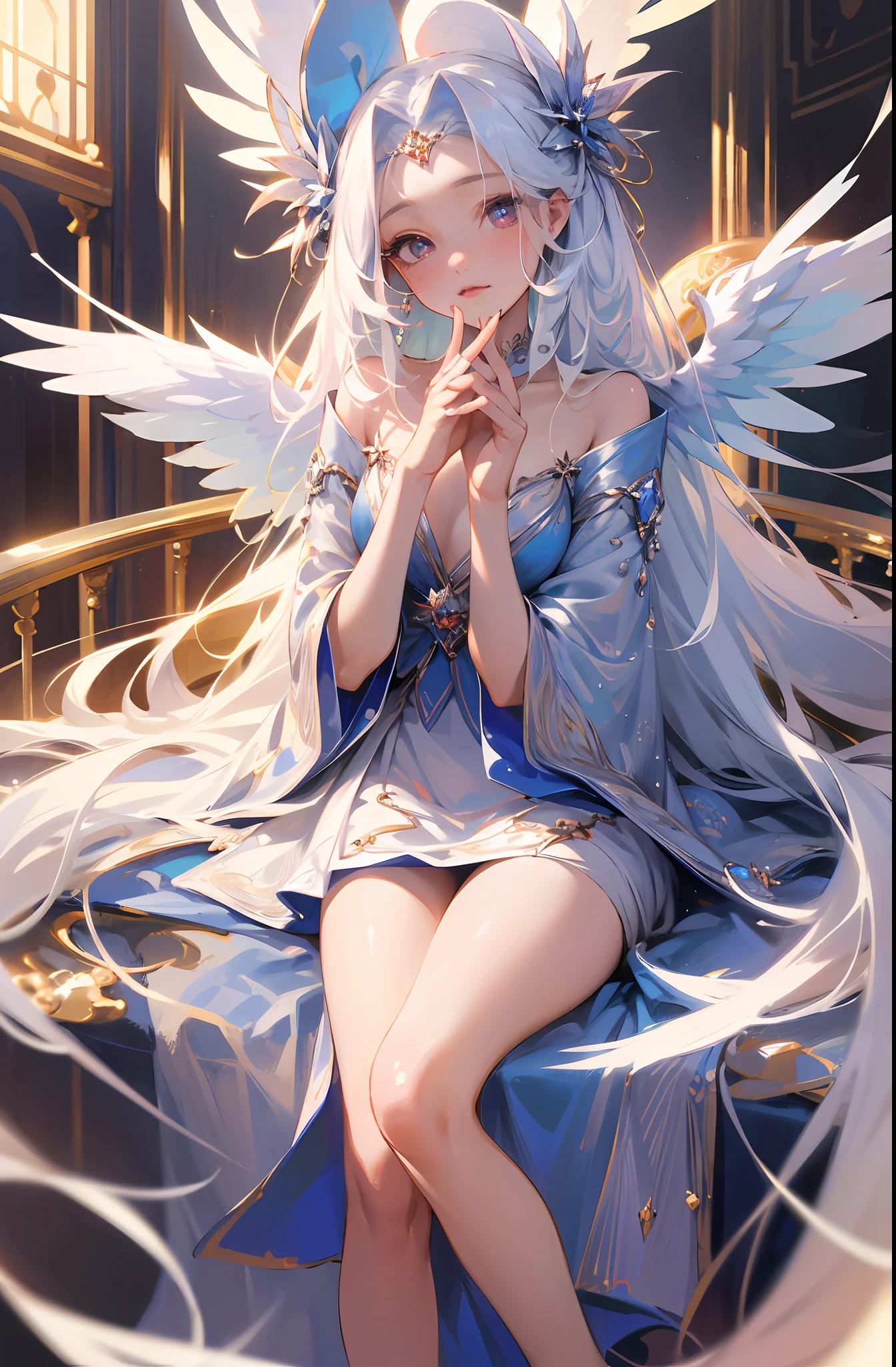 (Masterpiece: 1.4), (Best Quality: 1.4), (Very Cute Angel Girl, Super Detailed Face, Jewel-like Eyes, White Very Long Hair, Colorful Gradient Hair: 1.4), (Angel Ring:
1.4), (Angel Wings: 1.4), (Full body, perfect 2 arms, perfect 2 legs: 1.4), Perfect 4 fingers: 1 thumb, light, shine, bokeh, super fine