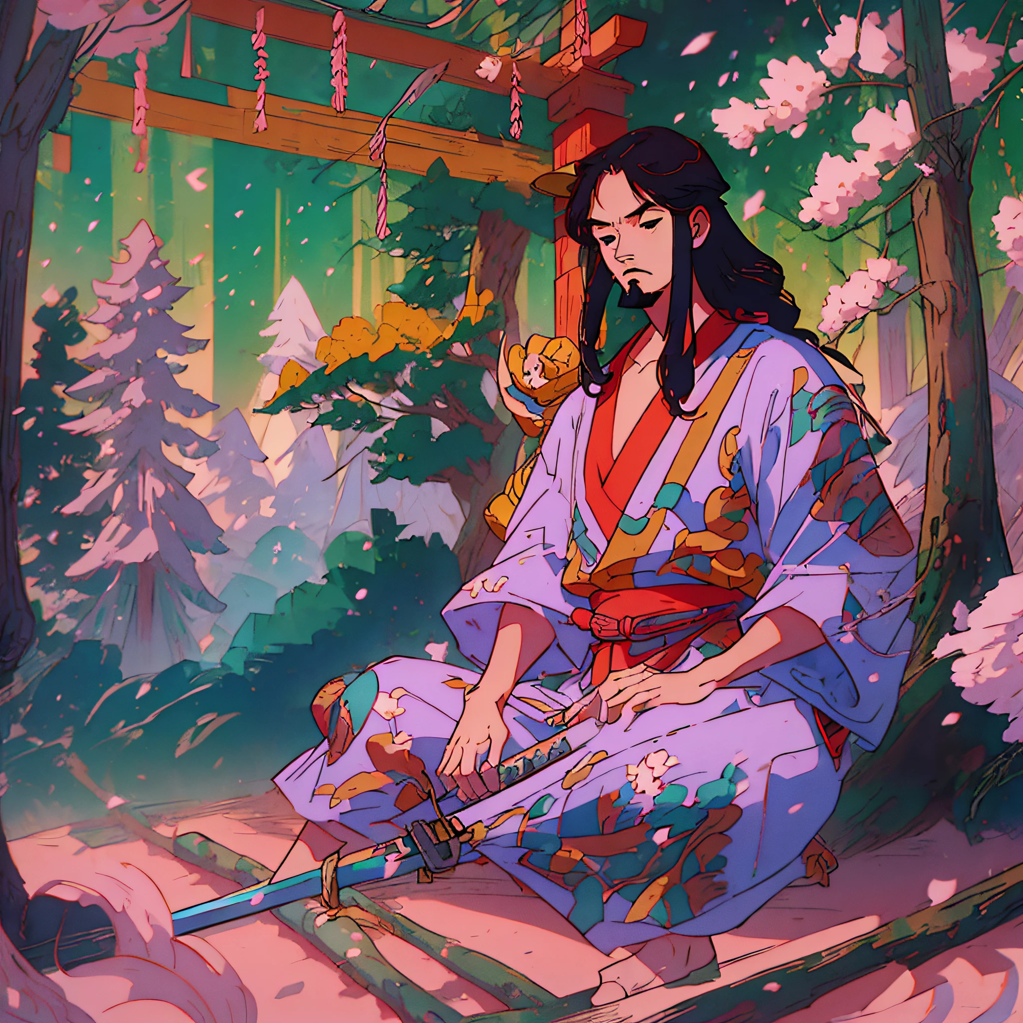 A ronin man with long hair beard sword at waist meditating, with a Japanese temple filled with cherry trees, pine trees using the style of isometric anime