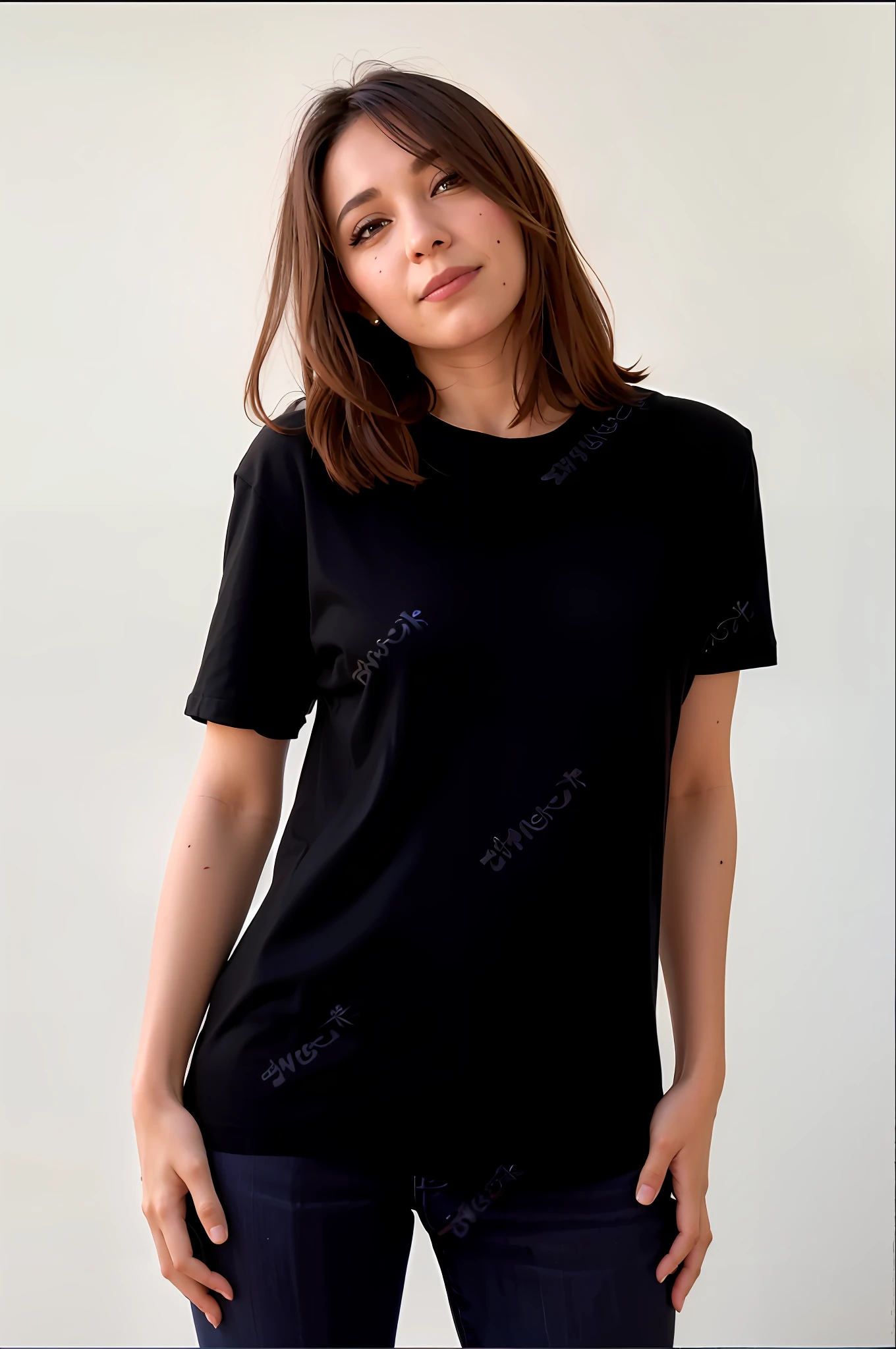 a close up of a woman in a black shirt posing for a picture, wearing a black t-shirt, wearing black tshirt, wearing a black tshirt, wearing a black shirt, black t shirt, black t - shirt, black t-shirt, wearing a t-shirt, black shirt, he is wearing a black t-shirt, casual black clothing