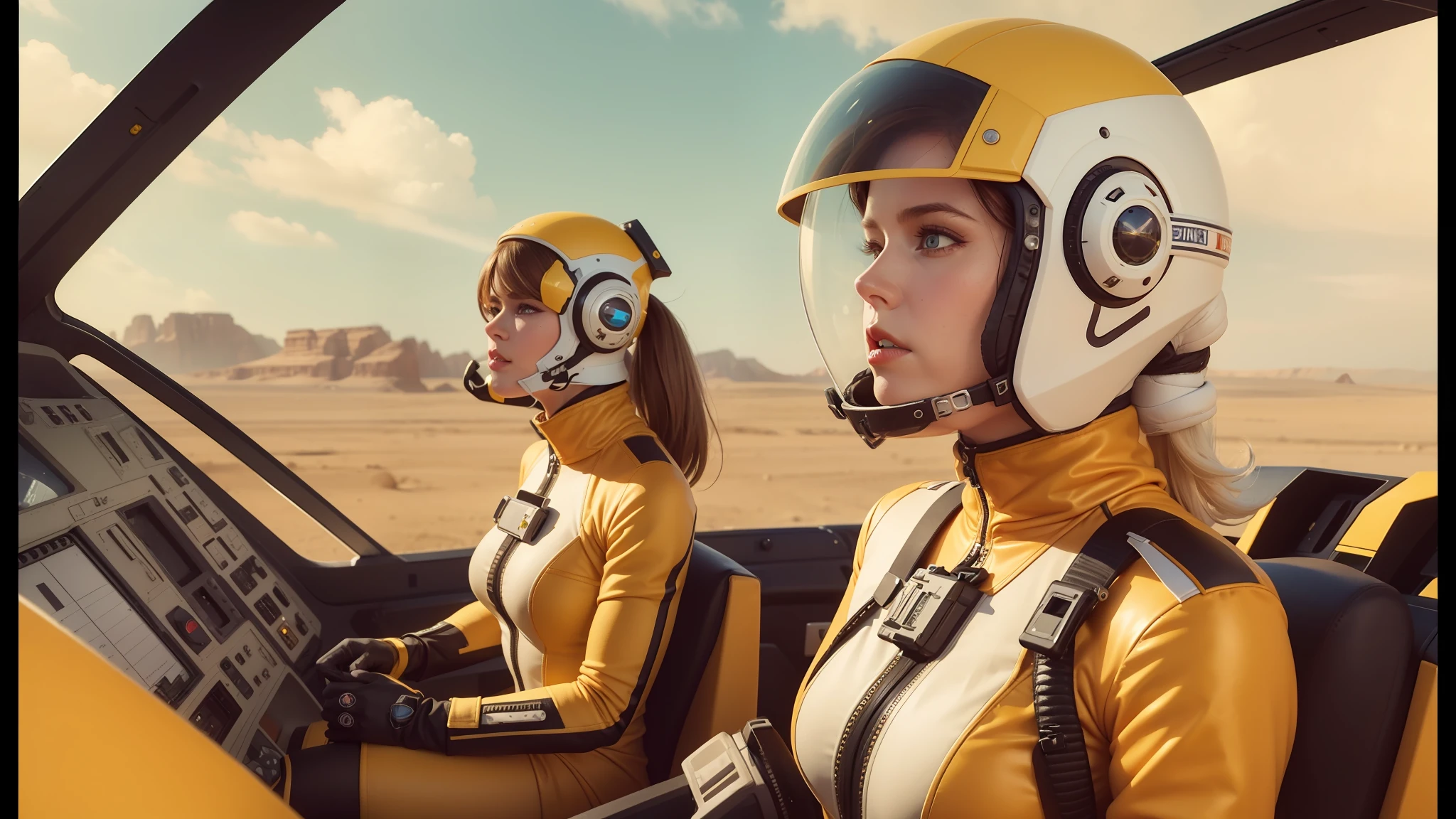 two people in space suits sitting in a cockpit of a plane, trending on artstration, realistic female faces, matte art, mono-yellow, looks a bit similar to amy adams, red desert mars, youtube thumbnail, kylie minogue as barbarella, style of ian hubert, map patreon, 70s colors, valerian