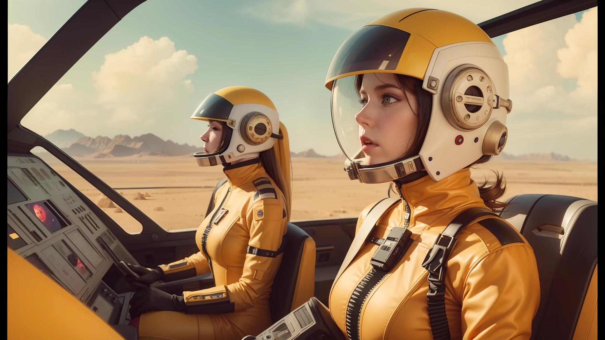 two people in space suits sitting in a cockpit of a plane, trending on artstration, realistic female faces, matte art, mono-yellow, looks a bit similar to amy adams, red desert mars, youtube thumbnail, kylie minogue as barbarella, style of ian hubert, map patreon, 70s colors, valerian