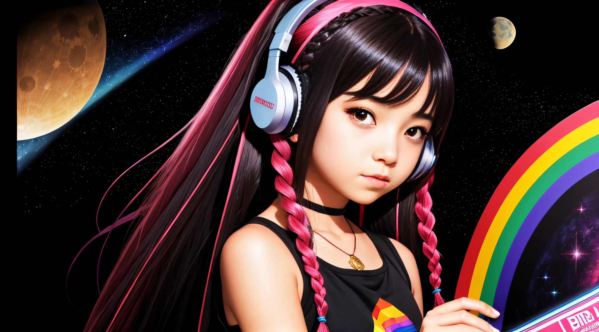 girl 10 year old child, DARK WITH BRAIDS very long straight hair, PORTRAIT STYLE, with headphones holding a Pink Floyd album, The Dark Side of the Moon, Dark Side, Anime Moe Artstyle, Prism, 2 D CG, Guweiz Style Art, 3840x2160, 3840 x 2160, 4K Anime Style, Wallpaper!, High Quality FanArt