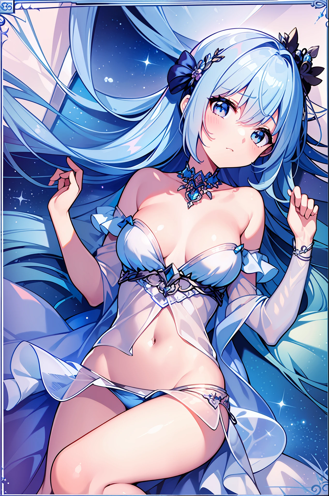 (MASTERPIECE), (Best Quality), (Super Detail), Official Art, One Girl, Lori with Pale Light Blue Hair, Petite Little Girl, Lori, Blue and Silver See-Through Dress, Sleeveless, Off Shoulder, Small, Very Small Breasts, Small, Cleavage, Thigh Focus, Navel, Bare Skin in the Lower Half of the Chest, Card Illustration, Bed