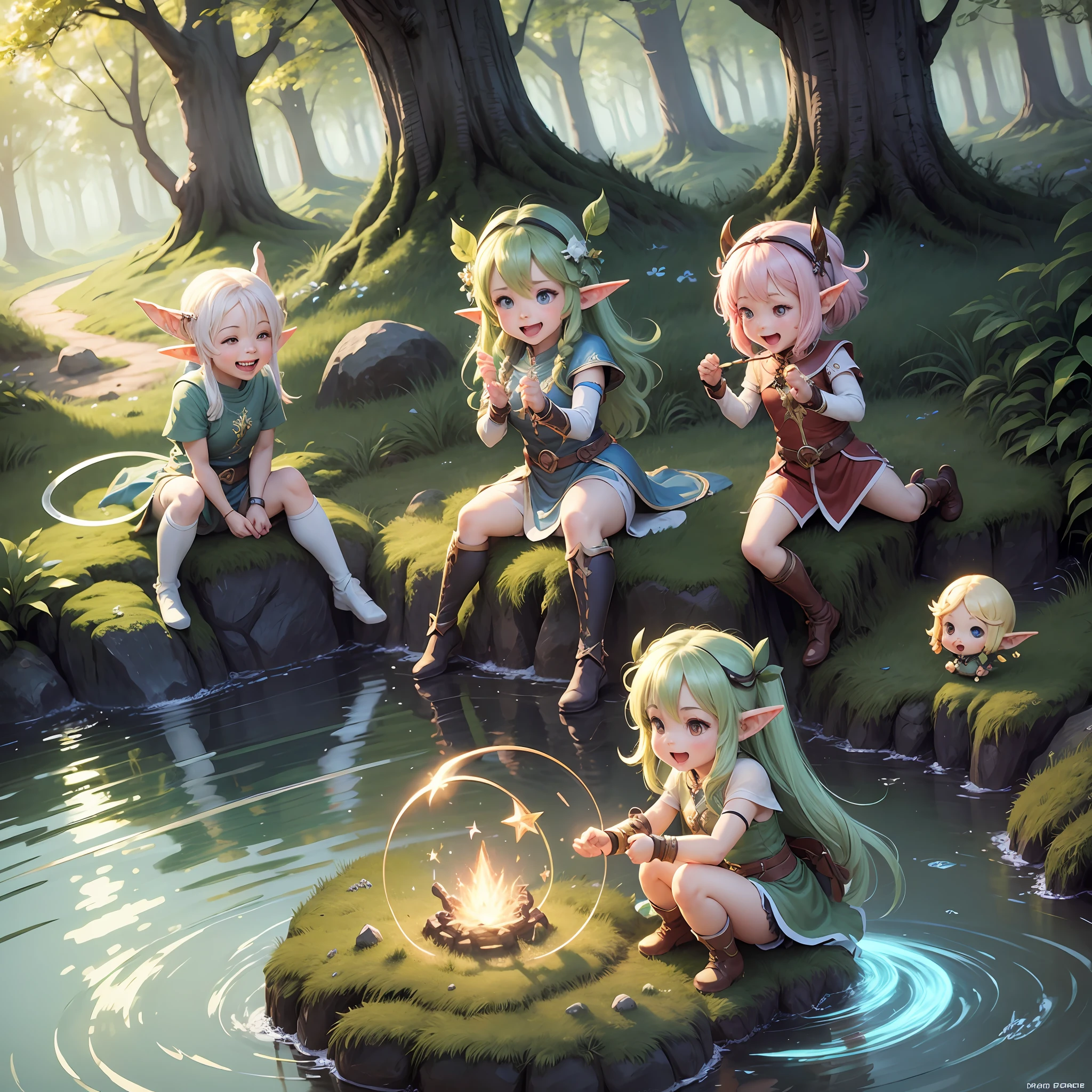 Chibi, Elf, Magic Training, Light, Unreasonable, Halo, Laughing, Playing, Bouncing, Friends, Forest