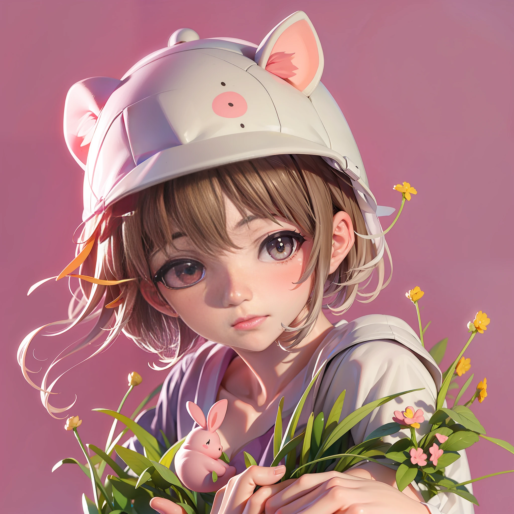 Girl, piglet hat, short hair