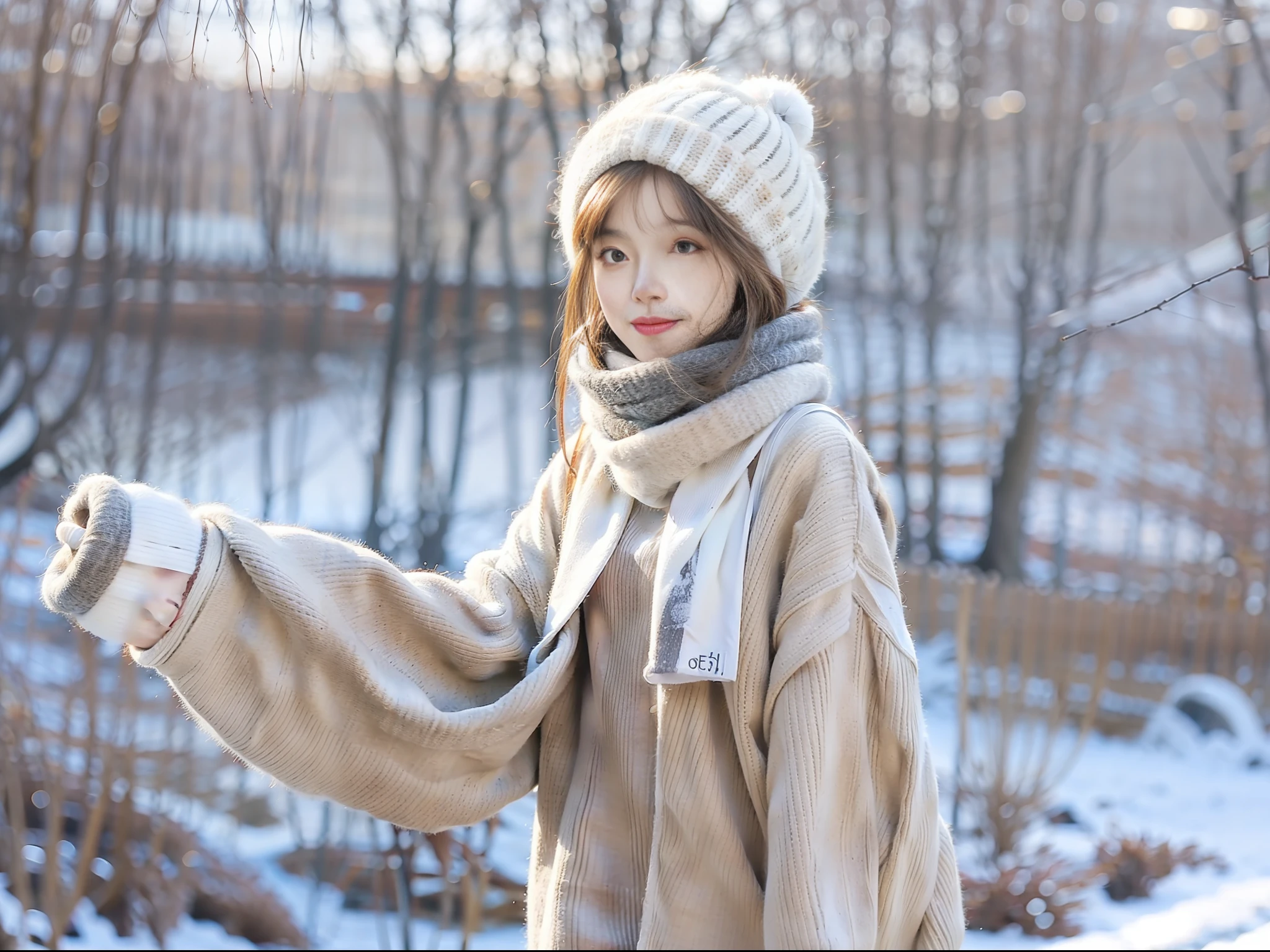 White emanated, pale yellow hat, silver earrings, beige sweater dress, dress, ray tracing, aperture 5.5, outdoor camping, white stockings, five fingers, slim, double eyelids, high nose bridge, small lips, smile, bangs, burgundy scarf, winter, slight snow, 4K, high quality, detail