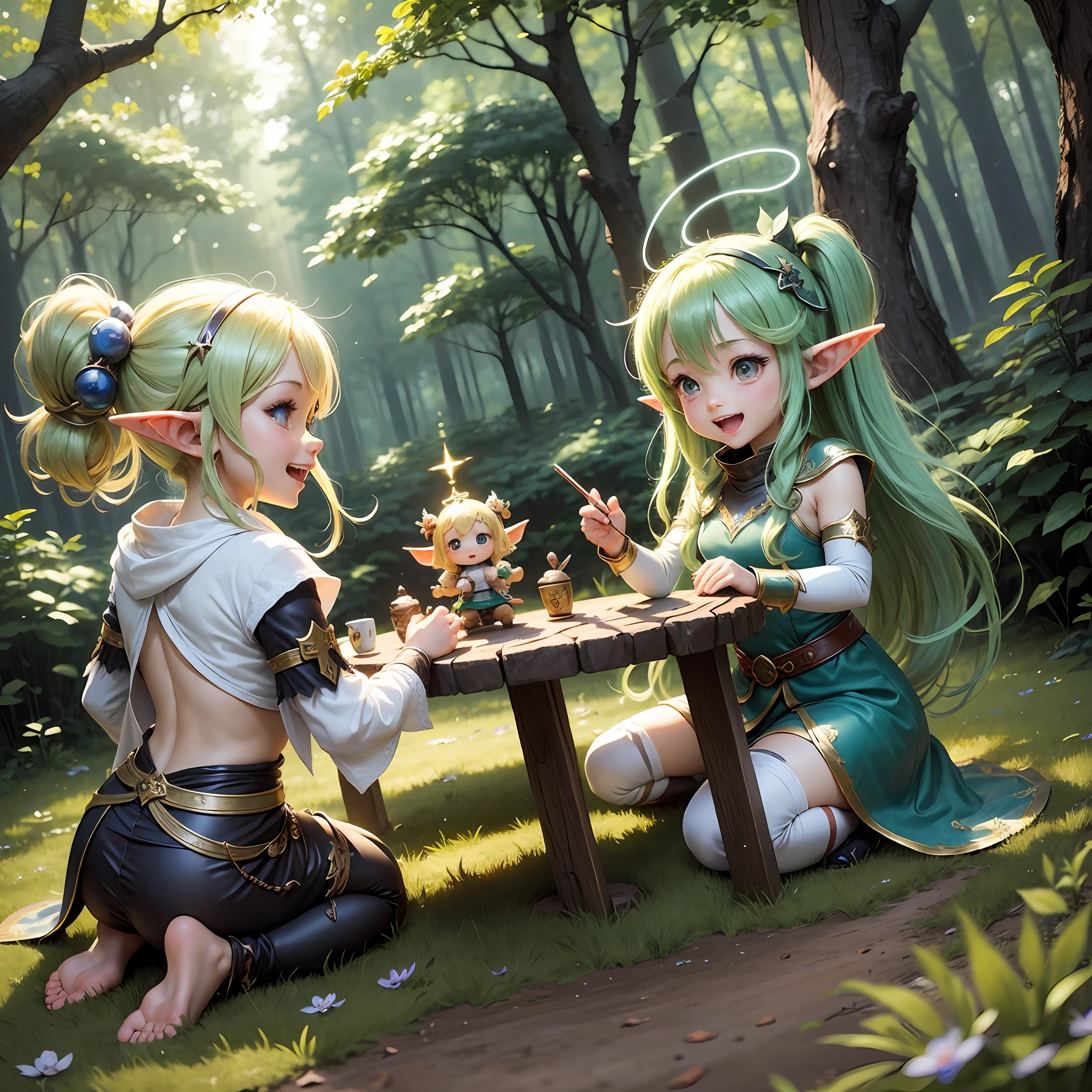 Chibi, Elf, Magic Training, Light, Unreasonable, Halo, Laughing, Playing, Bouncing, Friends, Forest
