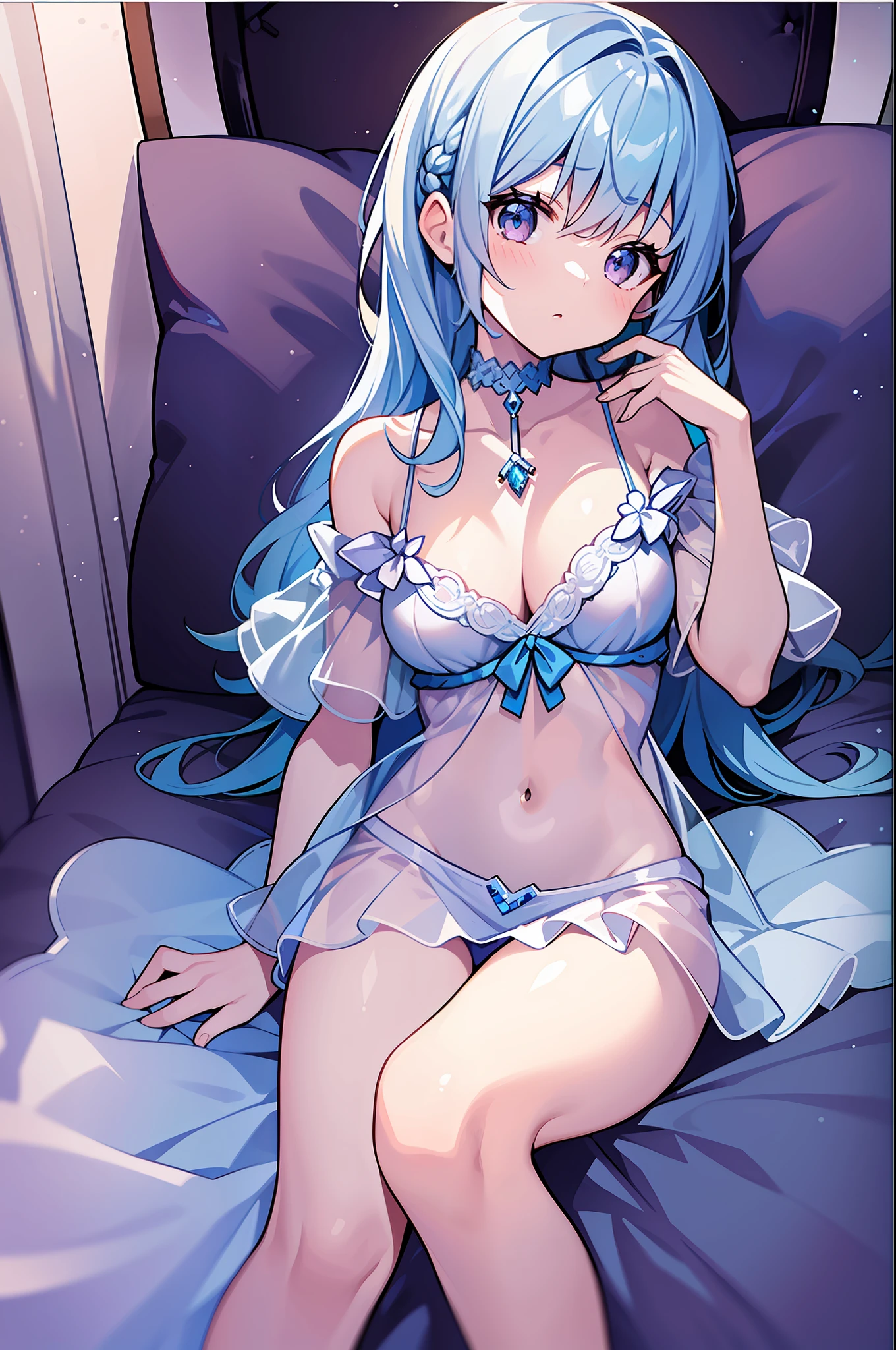 (MASTERPIECE), (Best Quality), (Super Detail), Official Art, One Girl, with Pale Light Blue Hair, Petite Littri, Blue and er See-Through Dress, Sleeveless, Off Shoulder, Small, Very Small Breasts, Small, Cleavage, Thigh Focus, Navel, Bare Skin in the Lower Half of the Chest, Card Illustration, Bed