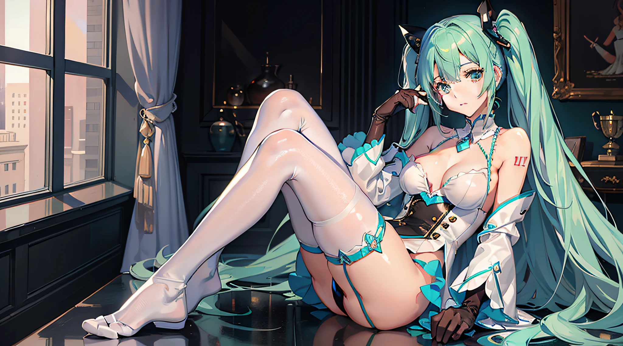 masterpiece, best quality,light persona, gloves, long sleeves, bare shoulders, collarbone, thighs, full body,1girls, solo, medium breasts,blush, white thighhighs,hatsune miku, serafuku,thighhighs,