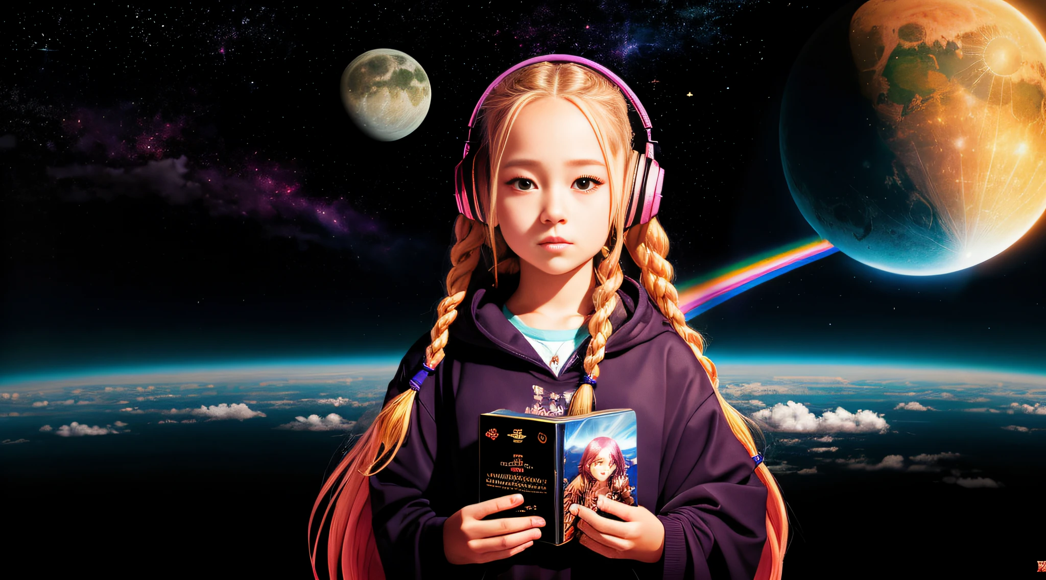 girl CHILD 10 years old, BLONDES WITH BRAIDS, very long straight hair, PORTRAIT STYLE, with headphones holding a Pink Floyd album, The Dark Side of the Moon, Dark Side, Anime Moe Artstyle, Prism, 2 D CG, Guweiz Style Art, 3840x2160, 3840 x 2160, 4K Anime Style, Wallpaper!, High Quality FanArt