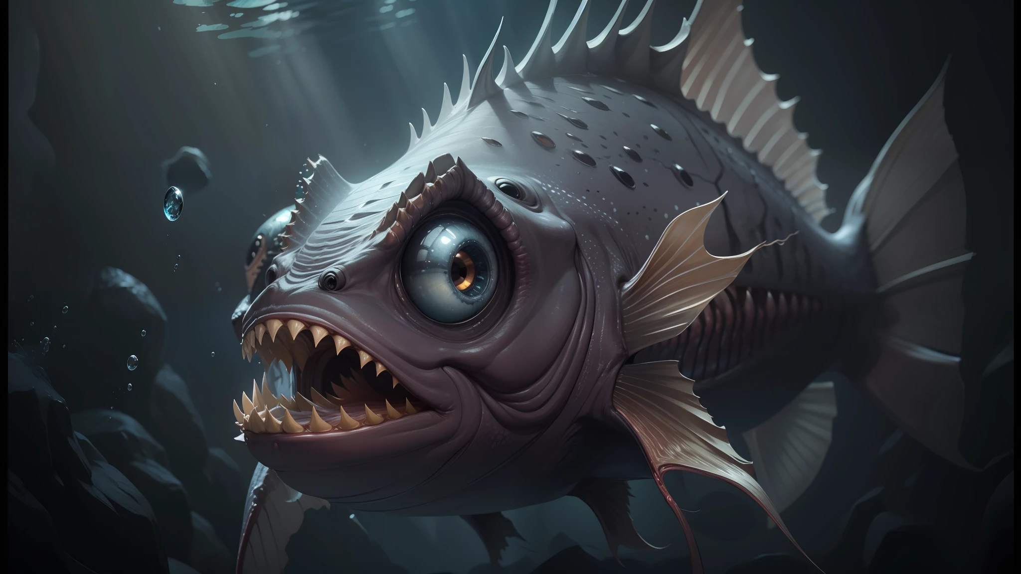 there is a fish with a very big mouth and sharp teeth, illustration of an angler fish, angler fish, deep sea fish, award winning creature portrait, deep sea picture, scary fish, amazing space creature 4 k, ultrarealistic digital art, hyper realistic fantasy monster, angler fish sculpture, deep sea monster, deep sea creature, realistic beautiful big eyes, realistic creature concept