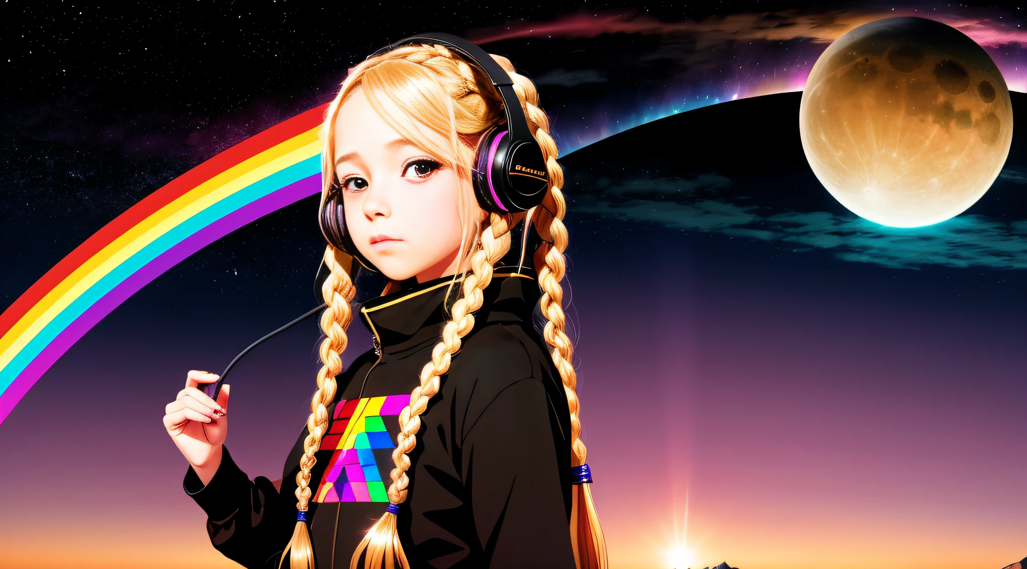 girl CHILD , BLONDES WITH BRAIDS, very long straight hair, PORTRAIT STYLE, with headphones holding a Pink Floyd album, The Dark Side of the Moon, Dark Side, Anime Moe Artstyle, Prism, 2 D CG, Guweiz Style Art, 3840x2160, 3840 x 2160, 4K Anime Style, Wallpaper!, High Quality FanArt