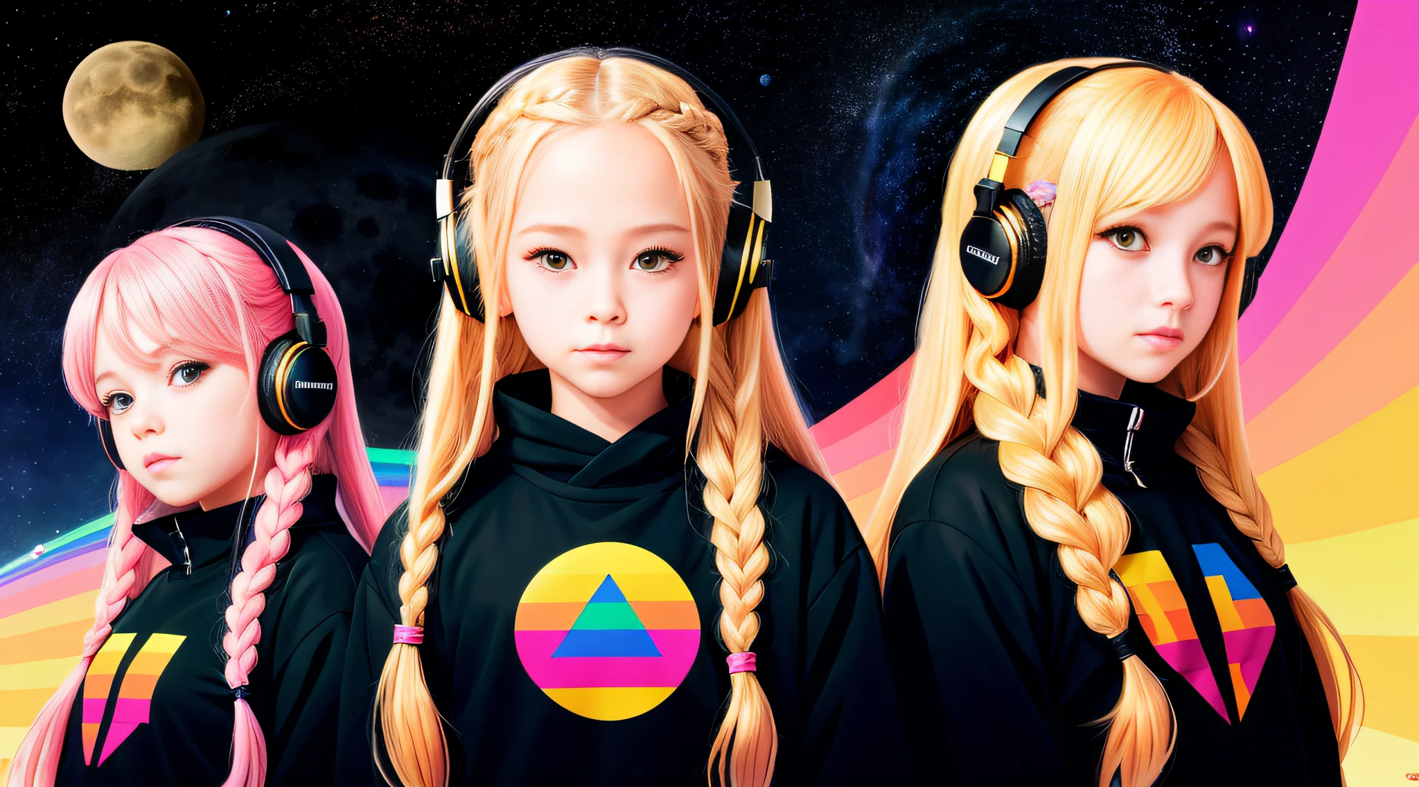 girl CHILD 10 years old, BLONDES WITH BRAIDS, very long straight hair, PORTRAIT STYLE, with headphones holding a Pink Floyd album, The Dark Side of the Moon, Dark Side, Anime Moe Artstyle, Prism, 2 D CG, Guweiz Style Art, 3840x2160, 3840 x 2160, 4K Anime Style, Wallpaper!, High Quality FanArt